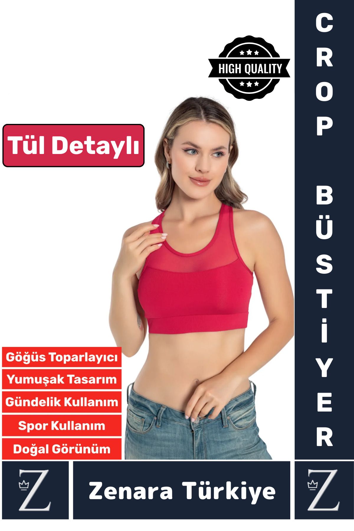 Zenara Yüksek Kalite Göğüs Toparlayıcı Sarkma Önleyen Spor Gündelik Kullanım Tül Detaylı Şık Crop Büstiyer