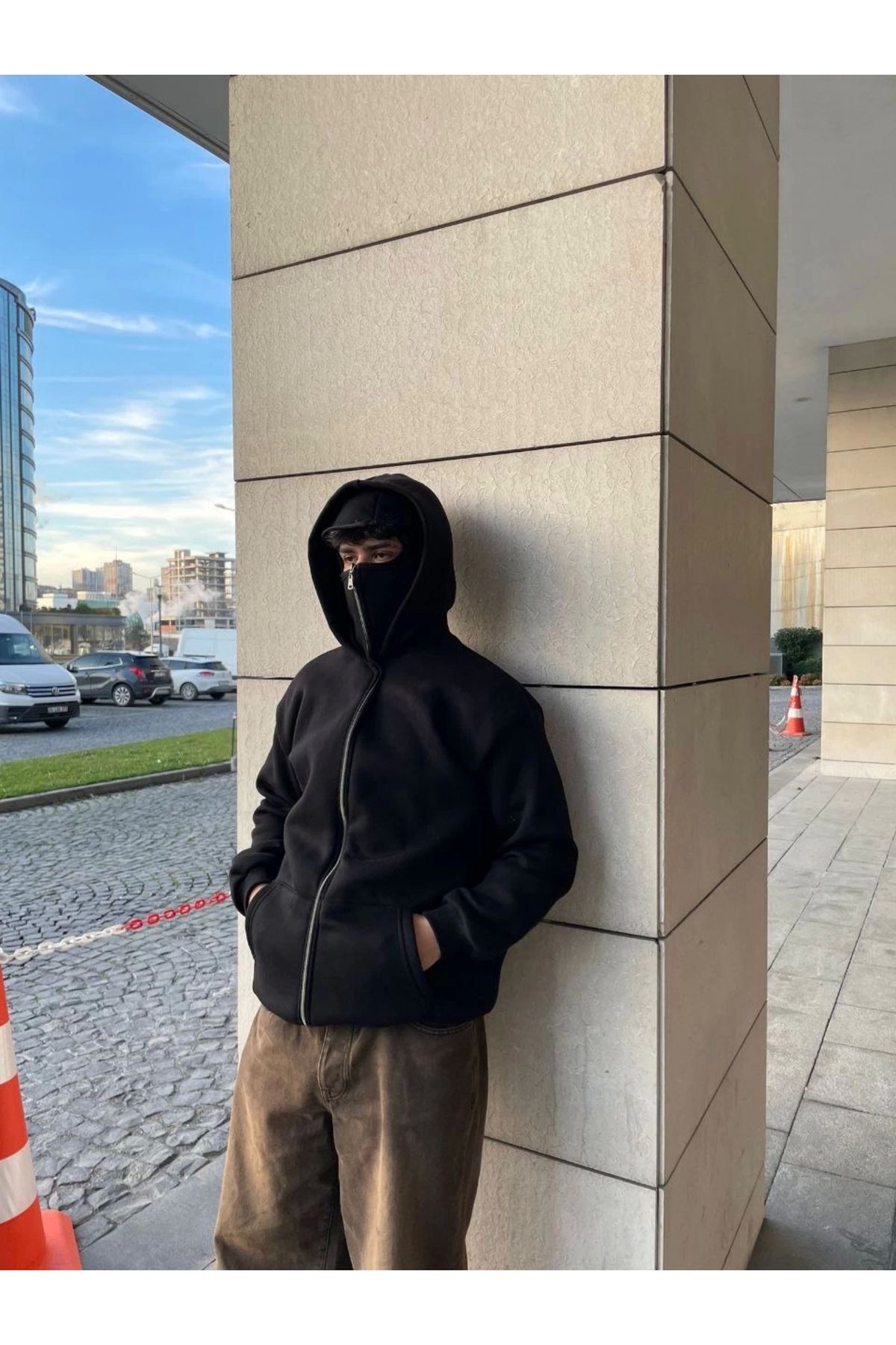 MODA Ninja Çift Kapüşonlu Full Fermuarlı Hoodie - Siyah