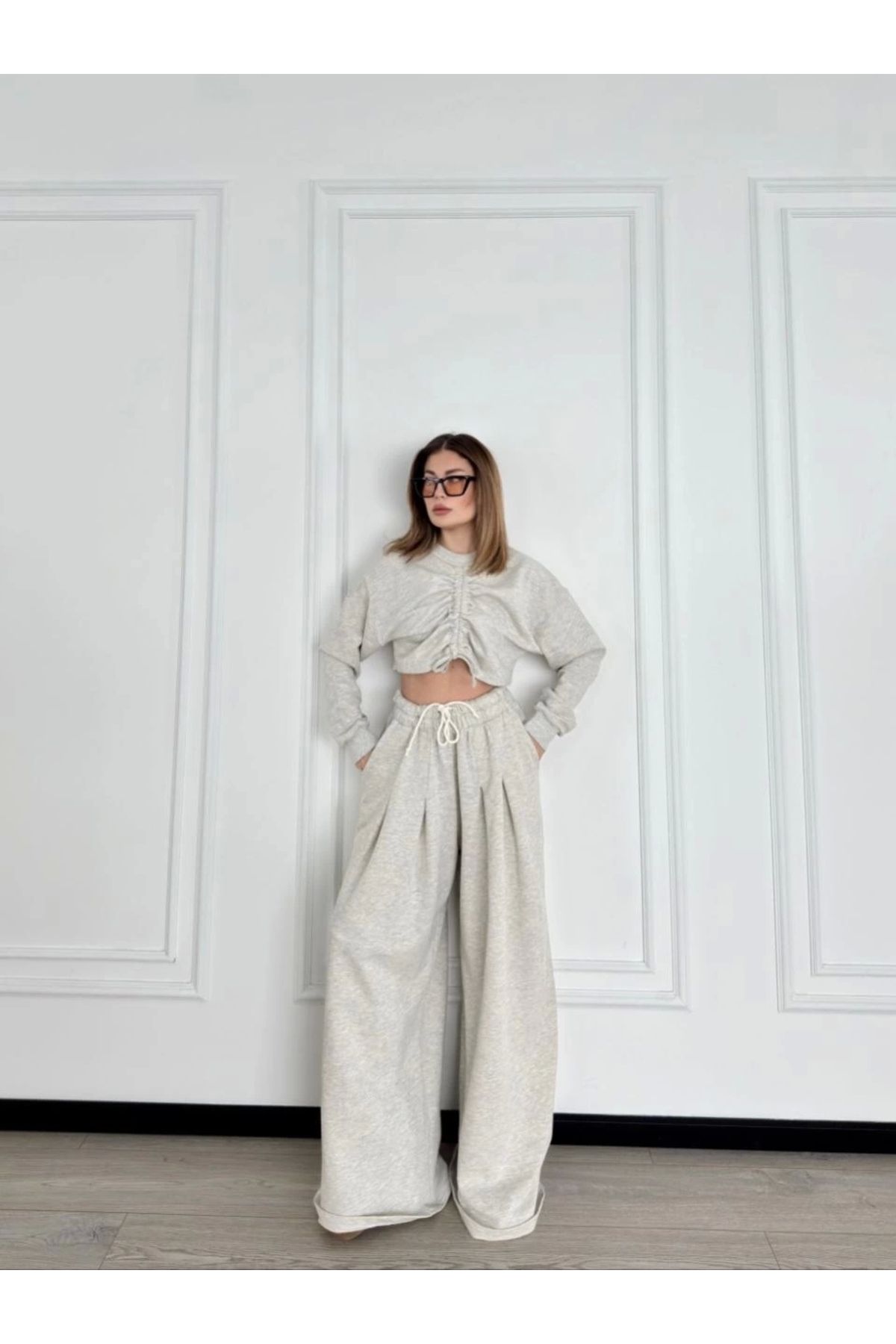 MODA Uzun Kollu Önü İp Büzgülü Crop ve Pantolon İkili Takım - Gri