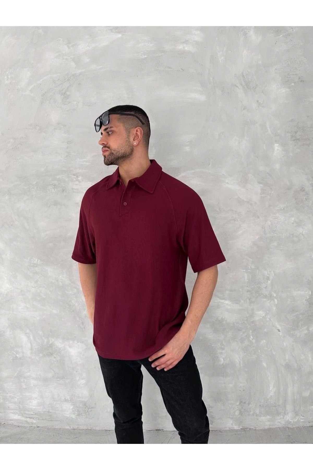 MODA Yakalı Patlı Kısa Kol T-shirt - Bordo