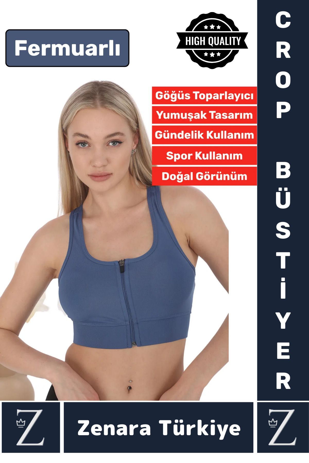 Zenara Yüksek Kaliteli Sarkma Önleyen Göğüs Toparlayıcı Spor Gündelik Kullanım Fermuarlı Şık Crop Büstiyer
