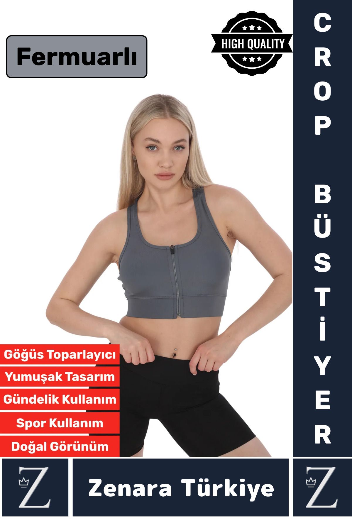 Zenara Yüksek Kaliteli Sarkma Önleyen Göğüs Toparlayıcı Spor Gündelik Kullanım Fermuarlı Şık Crop Büstiyer