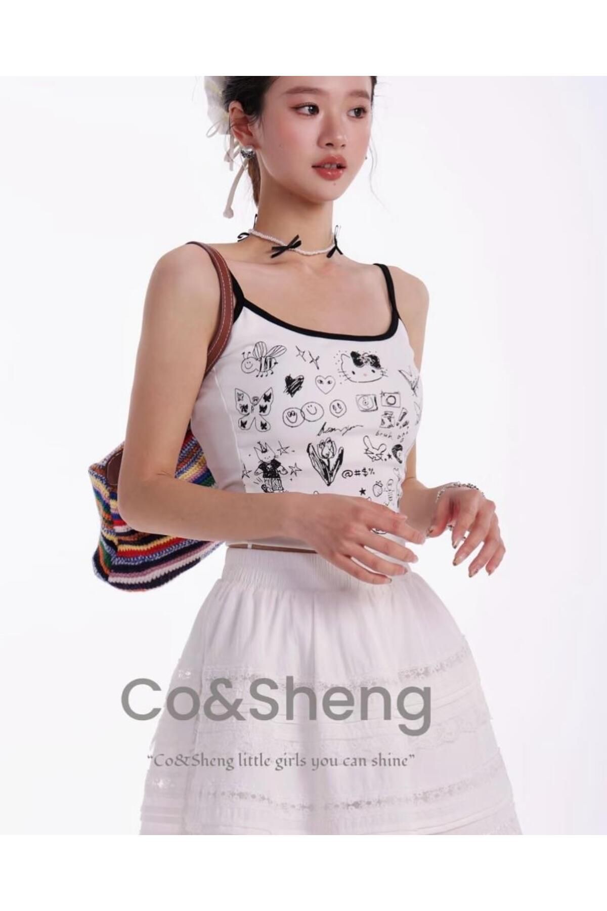 Gofeel Cute Hello Cat Askılı Siyah Crop