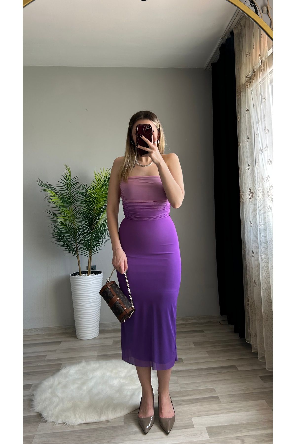 ensbutik Renk Geçişli Straplez Midi Elbise