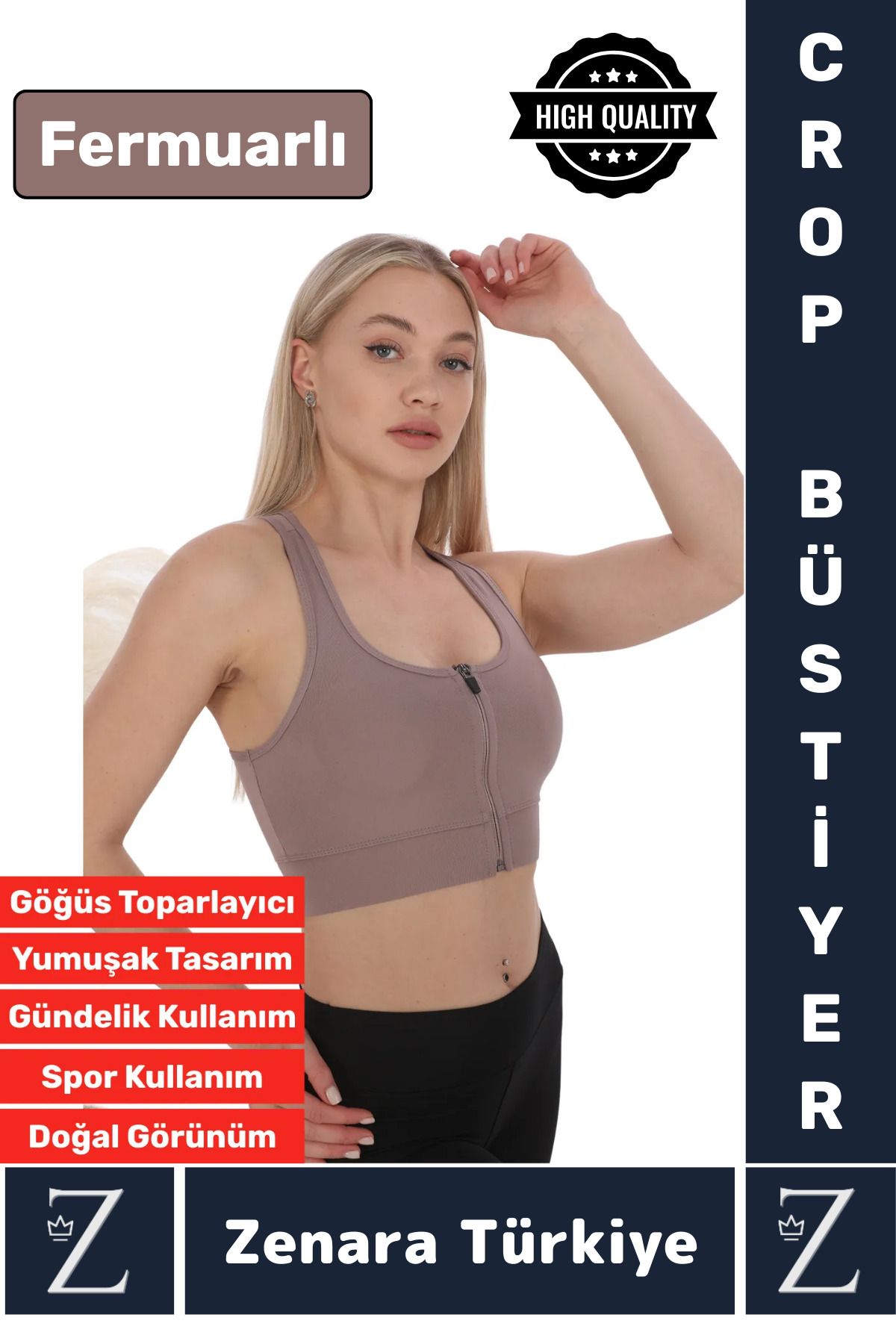 Zenara Yüksek Kaliteli Sarkma Önleyen Göğüs Toparlayıcı Spor Gündelik Kullanım Fermuarlı Şık Crop Büstiyer