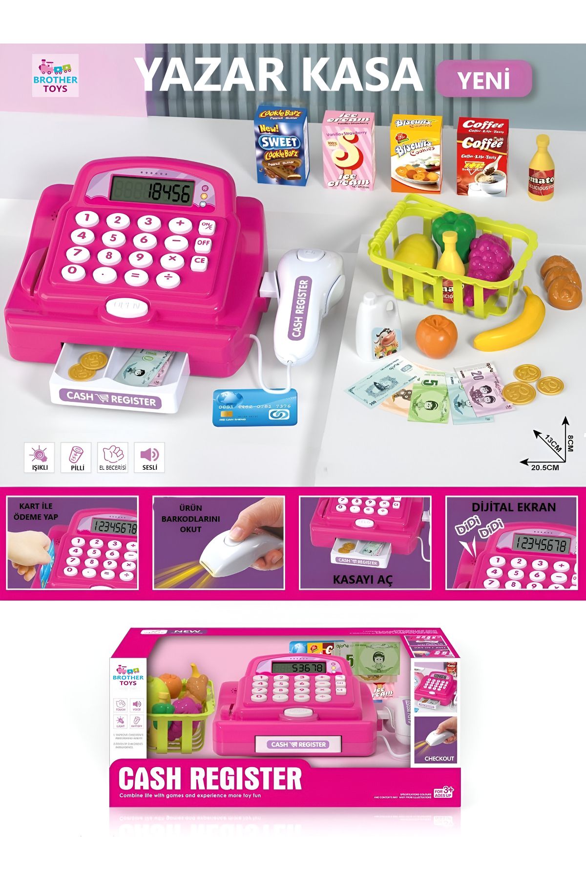 Brother Toys 29 Parça Terazili Sesli Işıklı Hesap Makineli Barkod Okuyuculu Yazar Kasa Market Yazarkasa Pos Pembe