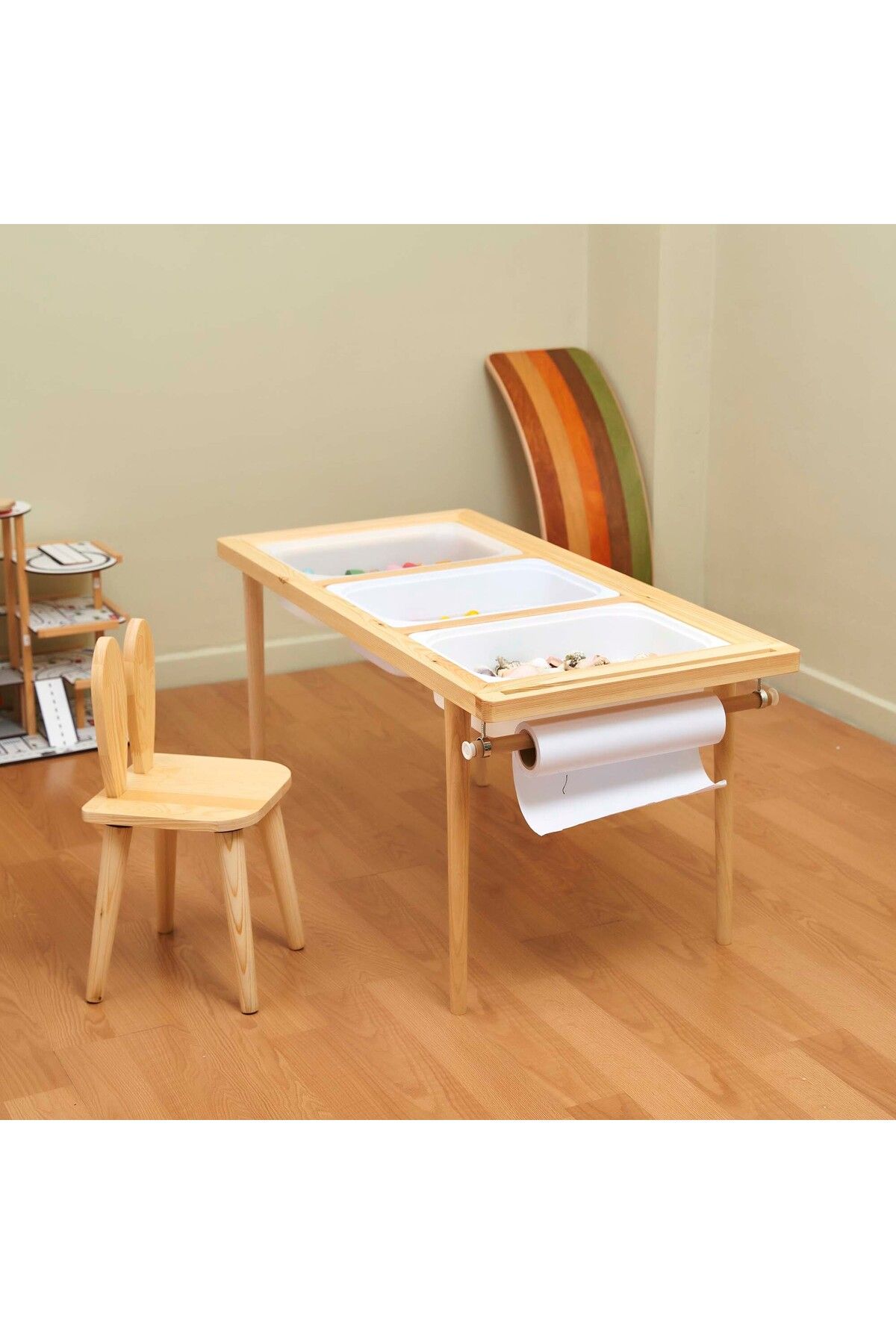 Monti Mania Montessori Çam Çocuk Aktivite Masası 3 Sepet Beyaz/kara Tahtalı Rulo Kişiselleştirilebilir 2-6 Yaş