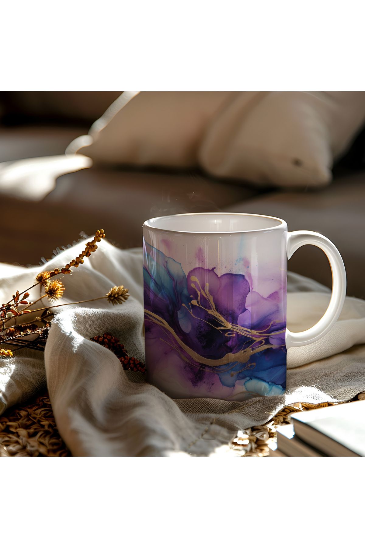 waspandhornet Mor ve Mavi Sanat Tasarımlı Seramik Kupa