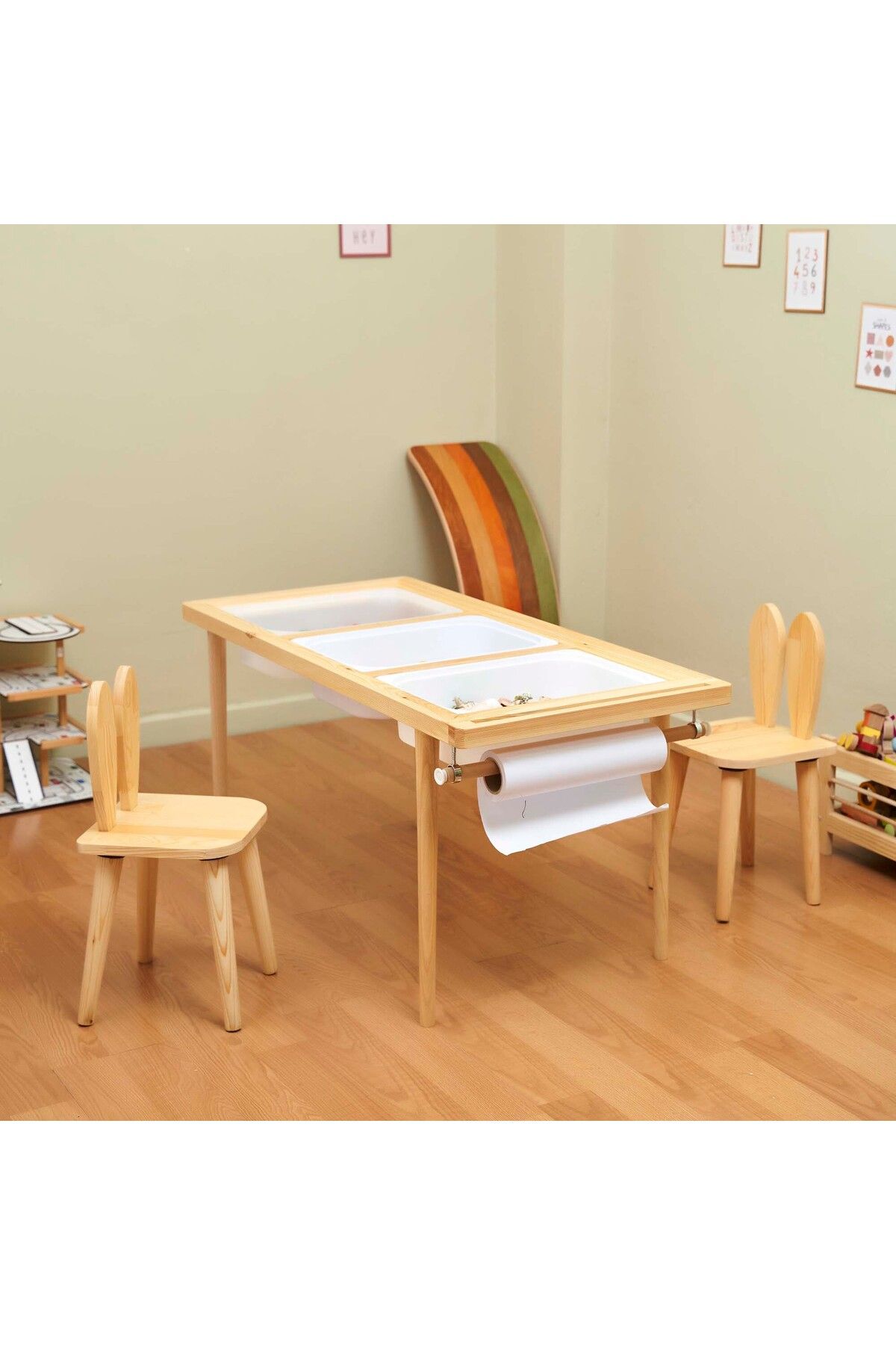 Monti Mania Montessori Çam Çocuk Aktivite Masası 3 Sepet Beyaz/kara Tahtalı Rulo Kişiselleştirilebilir 2-6 Yaş