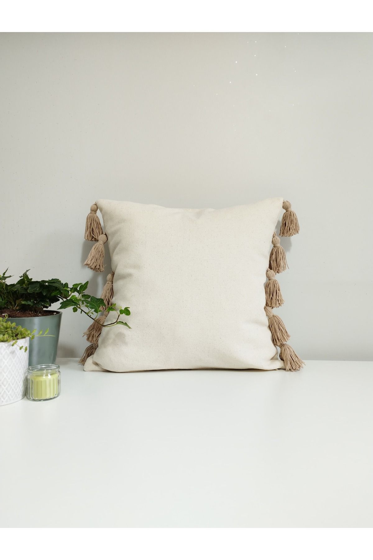 shop Ekru Püskül Detaylı Bohem Keten Kumaş Kırlent
