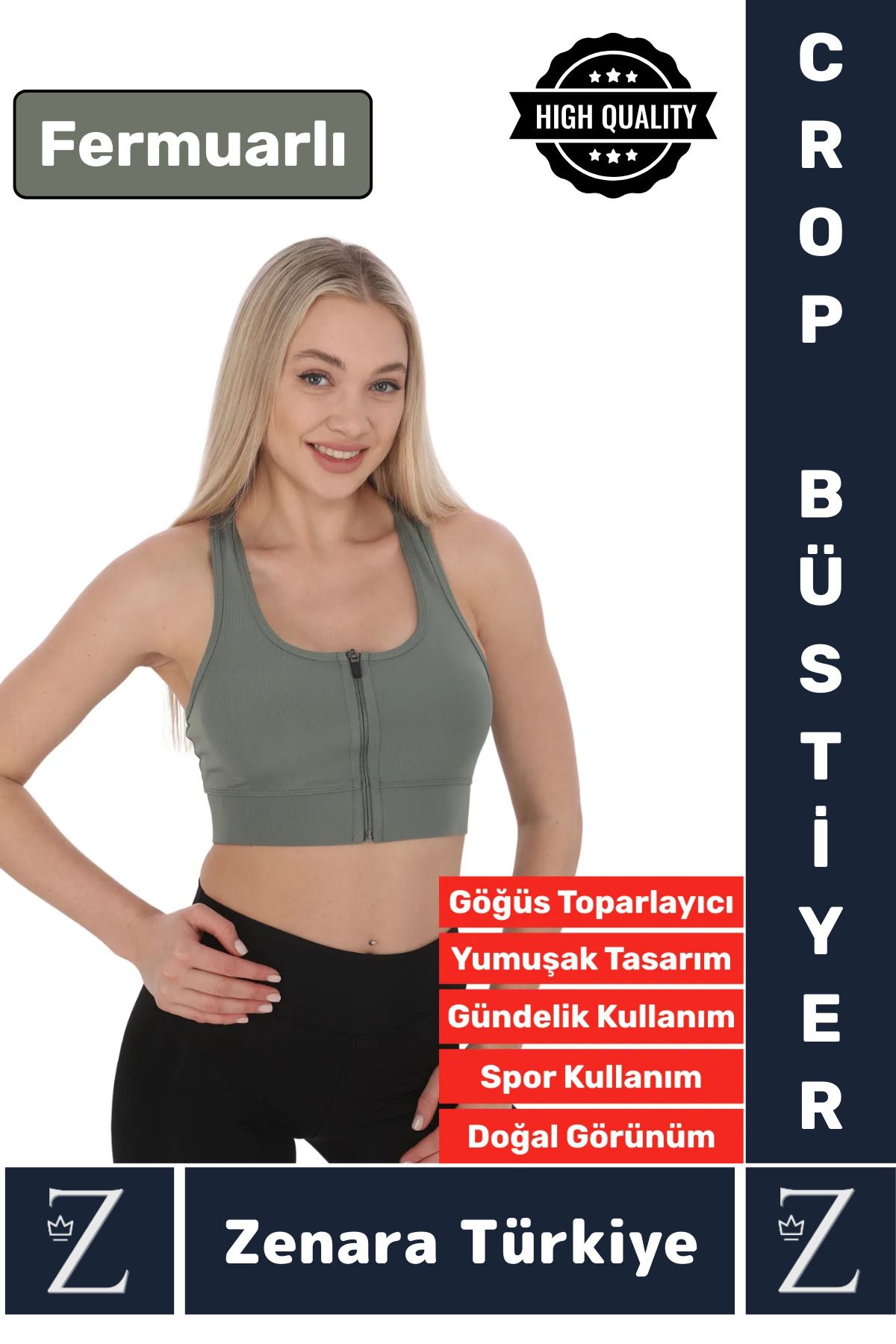 Zenara Yüksek Kaliteli Sarkma Önleyen Göğüs Toparlayıcı Spor Gündelik Kullanım Fermuarlı Şık Crop Büstiyer