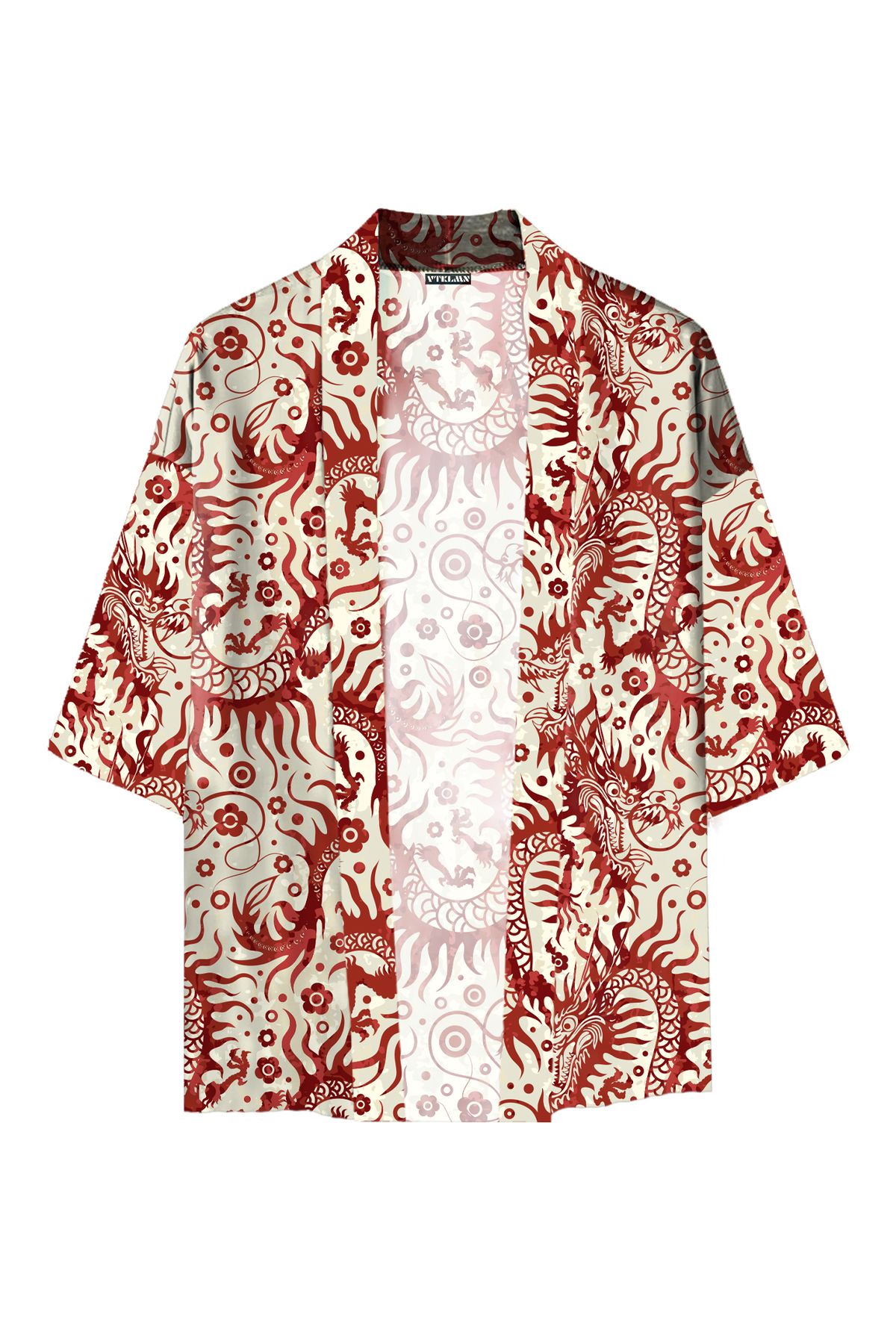 Vatkalimon Kadın Erkek Kırmızı Desenli %100 Pamuk Viskon Kimono