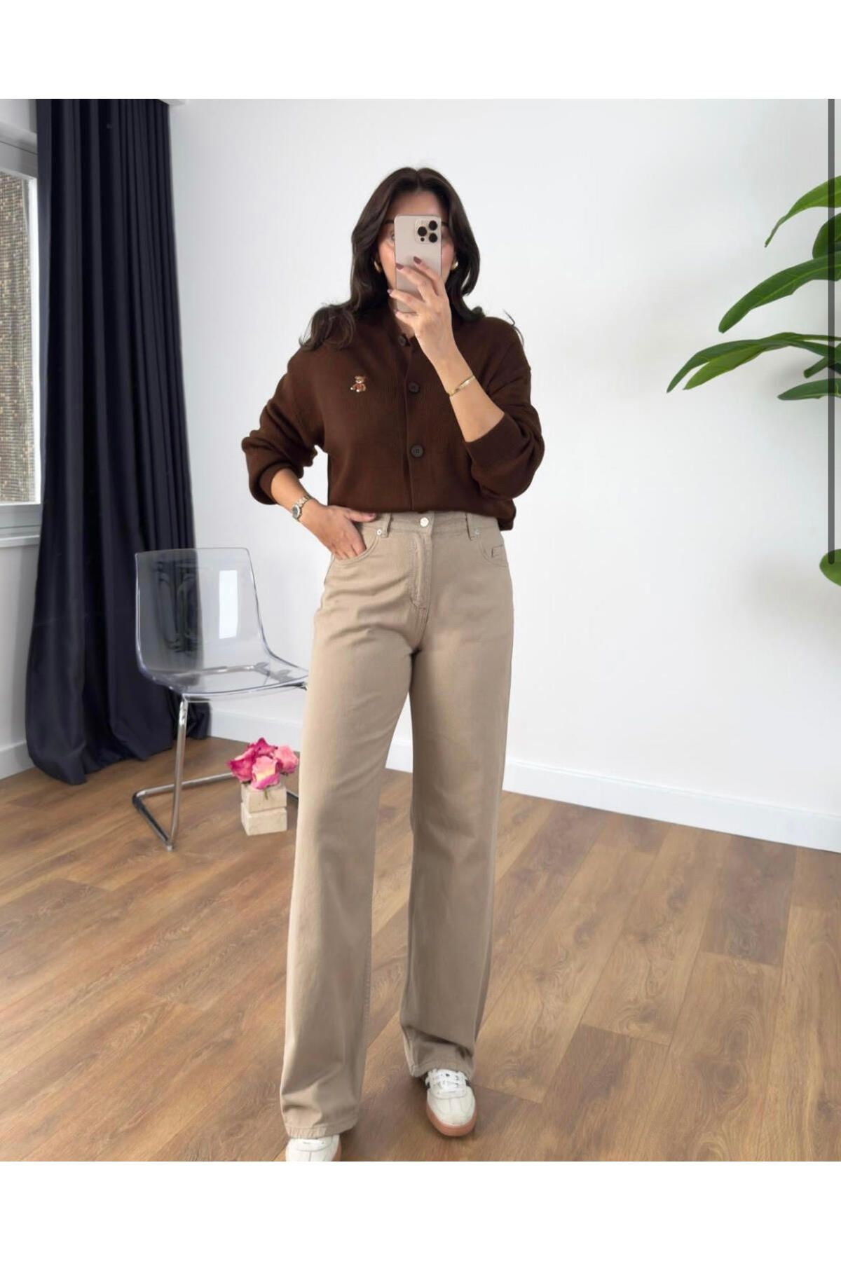 LookEss Kadın Palazzo Bej Rengi Kot Pantolon