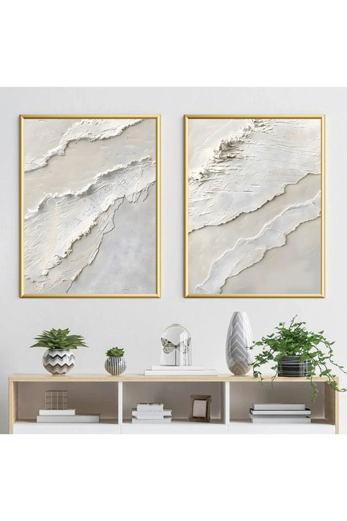 Linacci 2li Gold Metal Çerçeveli Beyaz Desen Fenomen Gerçek Camlı Tablo Seti