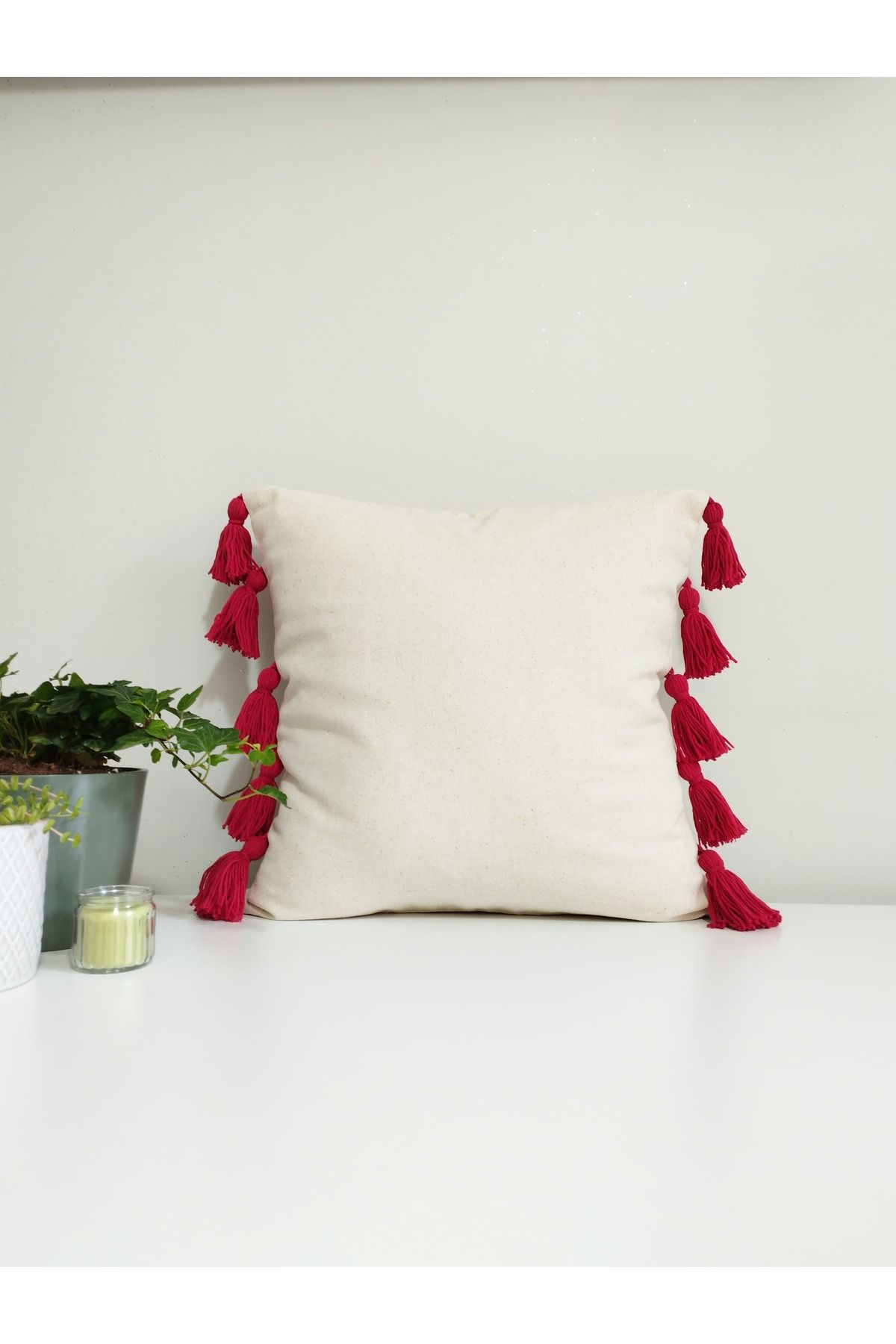 shop Ekru Püskül Detaylı Bohem Keten Kumaş Kırlent