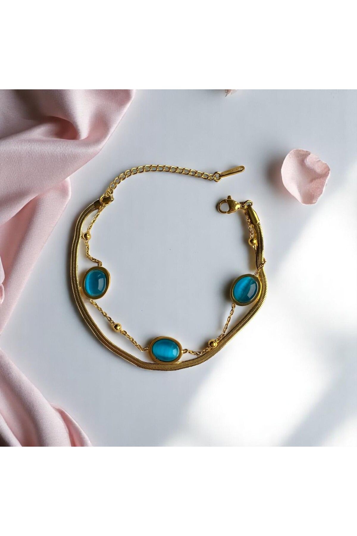 boews Gold Renk İtalyan Zincirli ve Taşlı Vintage Mavi Taşlı Çiftli Bileklik
