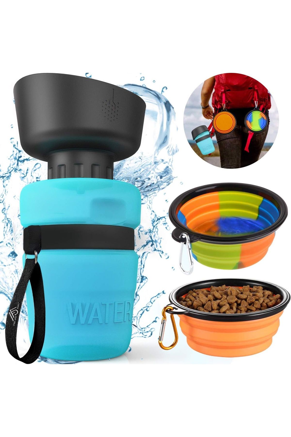 Fish & Paws Sticla Portabila Fish & Paws De Apa Pentru Caini Si Pisici, 2 In 1, Cu 2 Boluri Pliabile - One Size