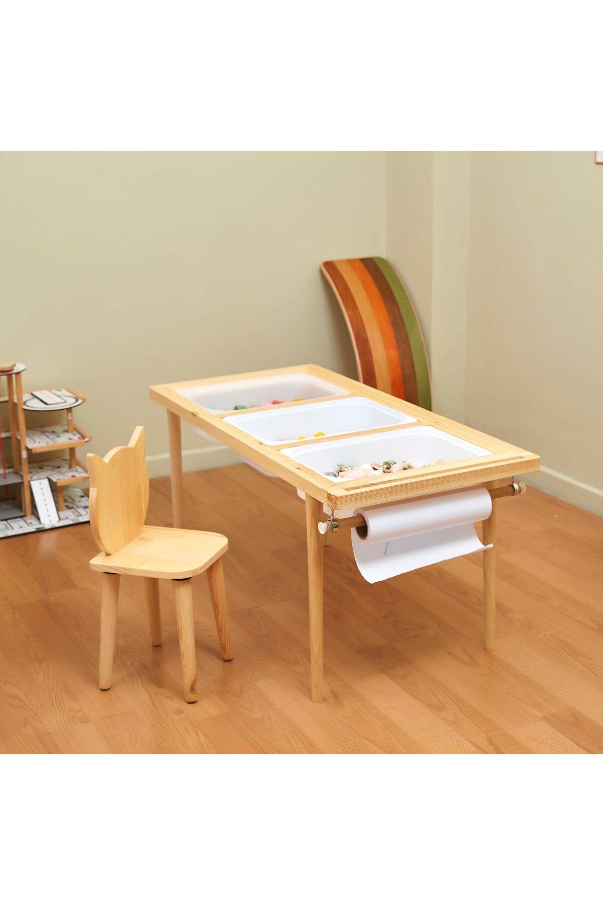 Monti Mania Montessori Çam Çocuk Aktivite Masası 3 Sepet Beyaz/kara Tahtalı Rulo Kişiselleştirilebilir 2-6 Yaş