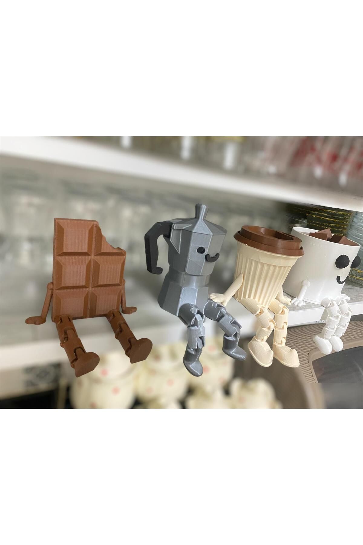 Eta3d 4"lü Kahve Köşesi Seti Çikolata, Moka Pot, Kapaklı Bardak ve Gülen Kupa 8 cm ve