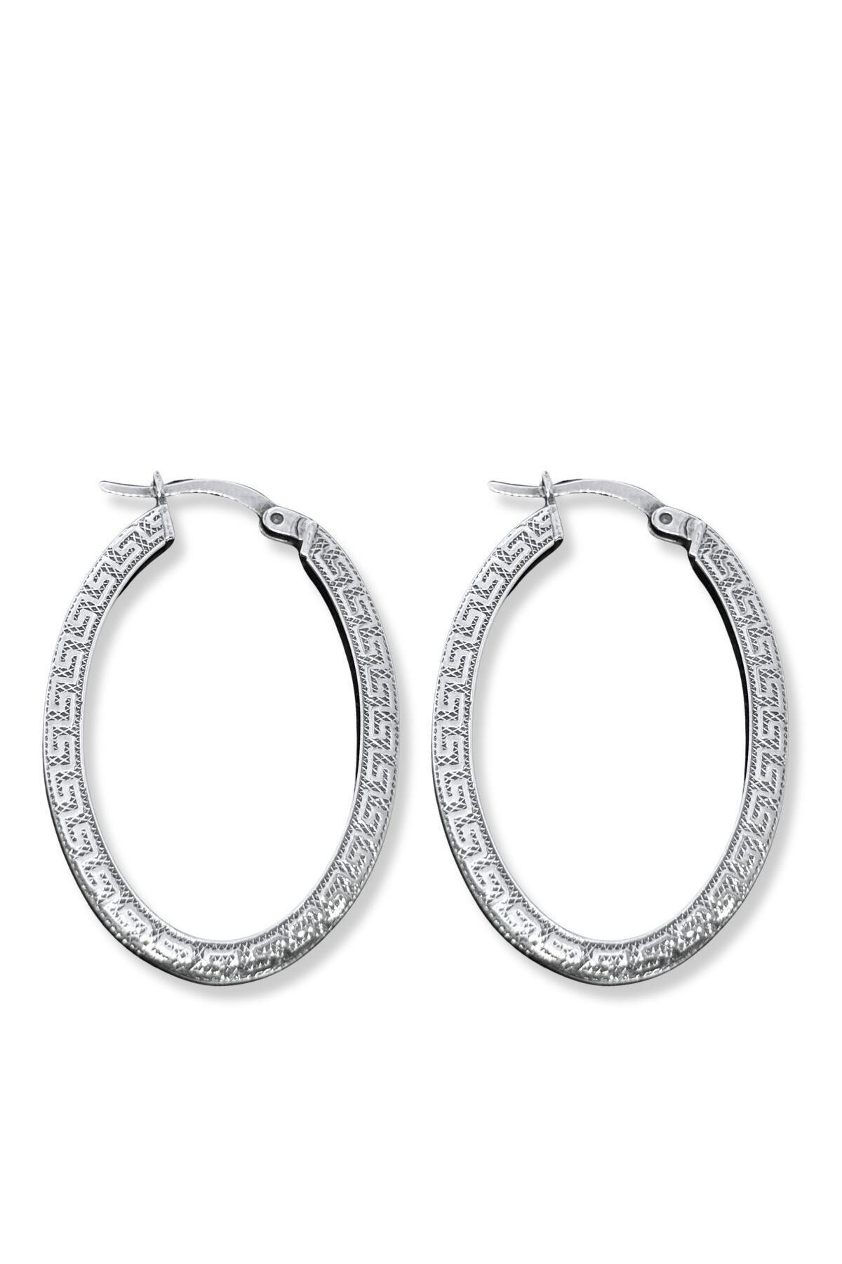 oya silver Grek Desenli Oval Kadın Gümüş Halka Küpe 2.5x3.8CM
