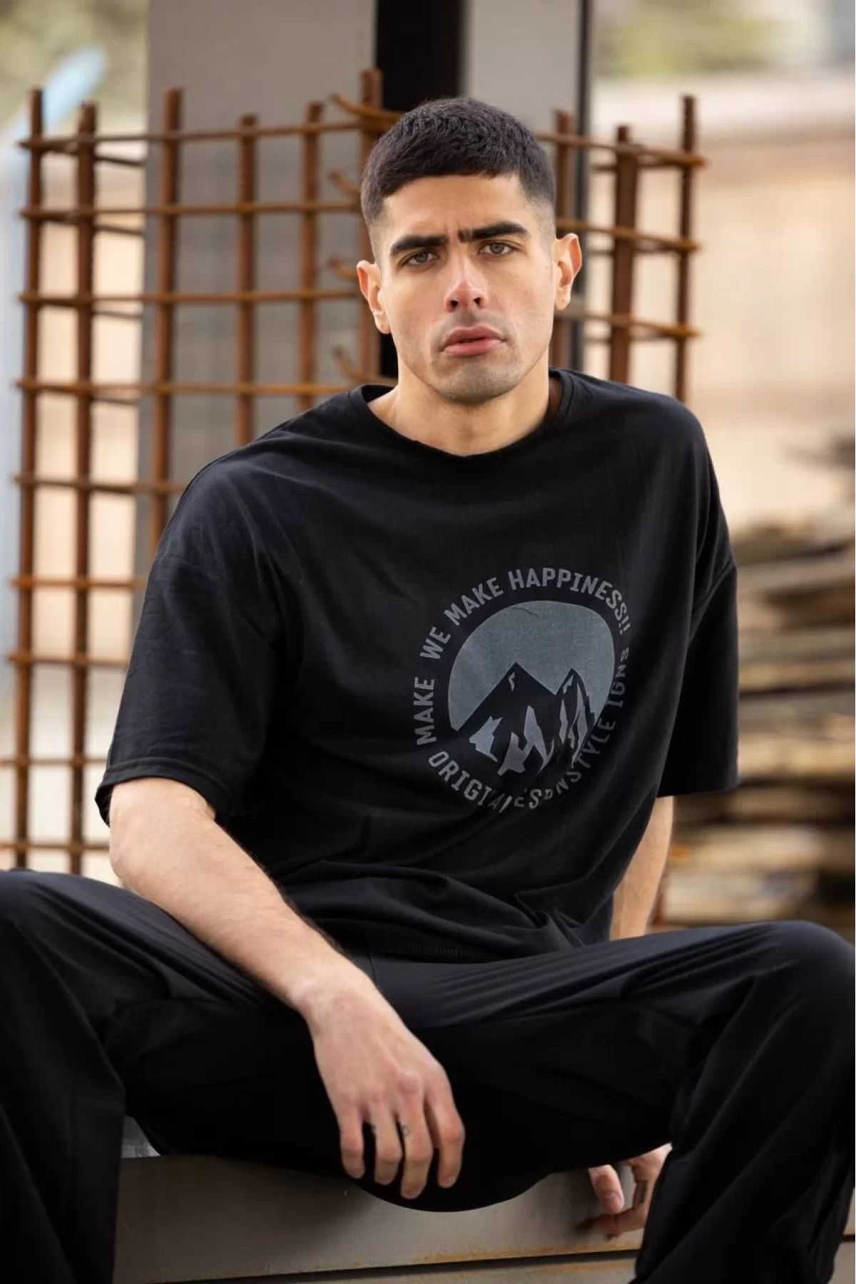 İndigo Park Erkek tişört Bisiklet Yaka Oversize T-Shirt Baskılı - Siyah