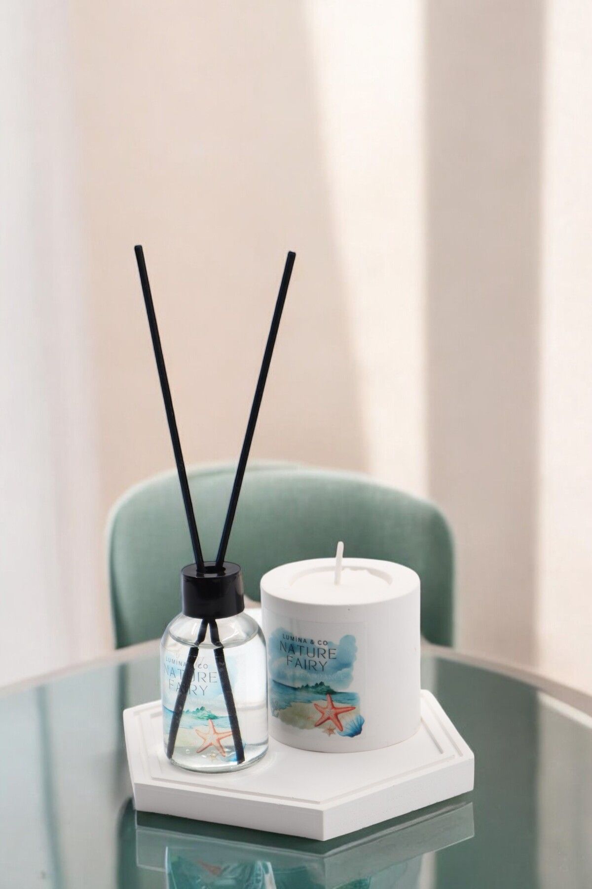 LUMİNA Okyanus Temalı Oda Kokusu & Mum Seti | 50 ml Oda Kokusu + Beton Mum + Beyaz Tepsi