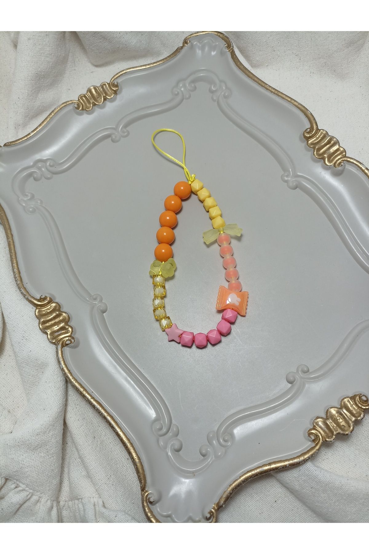 ida design store sarı turuncu ve pembe boncuklu ayıcık ve fiyonk detaylı çanta ve telefon charmı