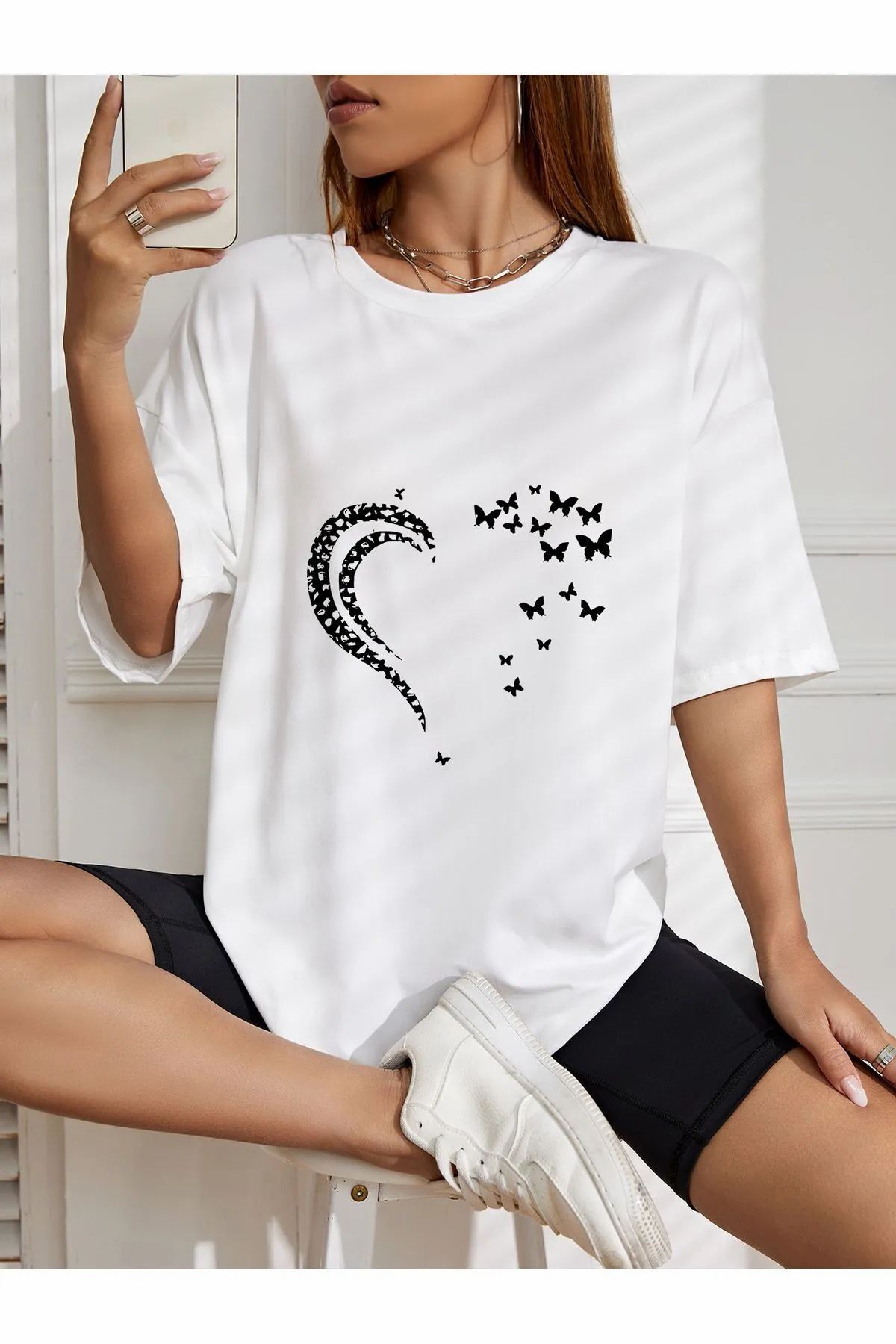 ship master oversize kelebekli kalp baskılı T-shirt
