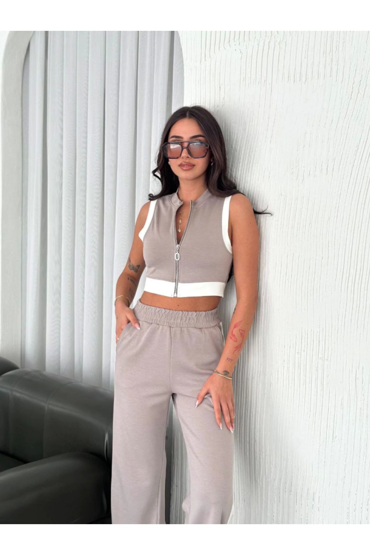 Albayrak Osy Modal Yumuşak Dokulu Kumaş Tam Fermuarlı Crop Pantalon İkili Takım - Gri