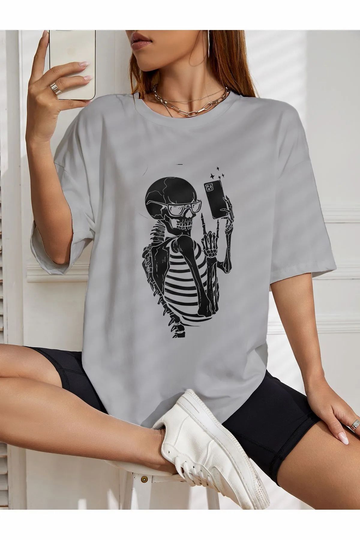ship master oversize selvi çeken iskelet baskılı T-shirt