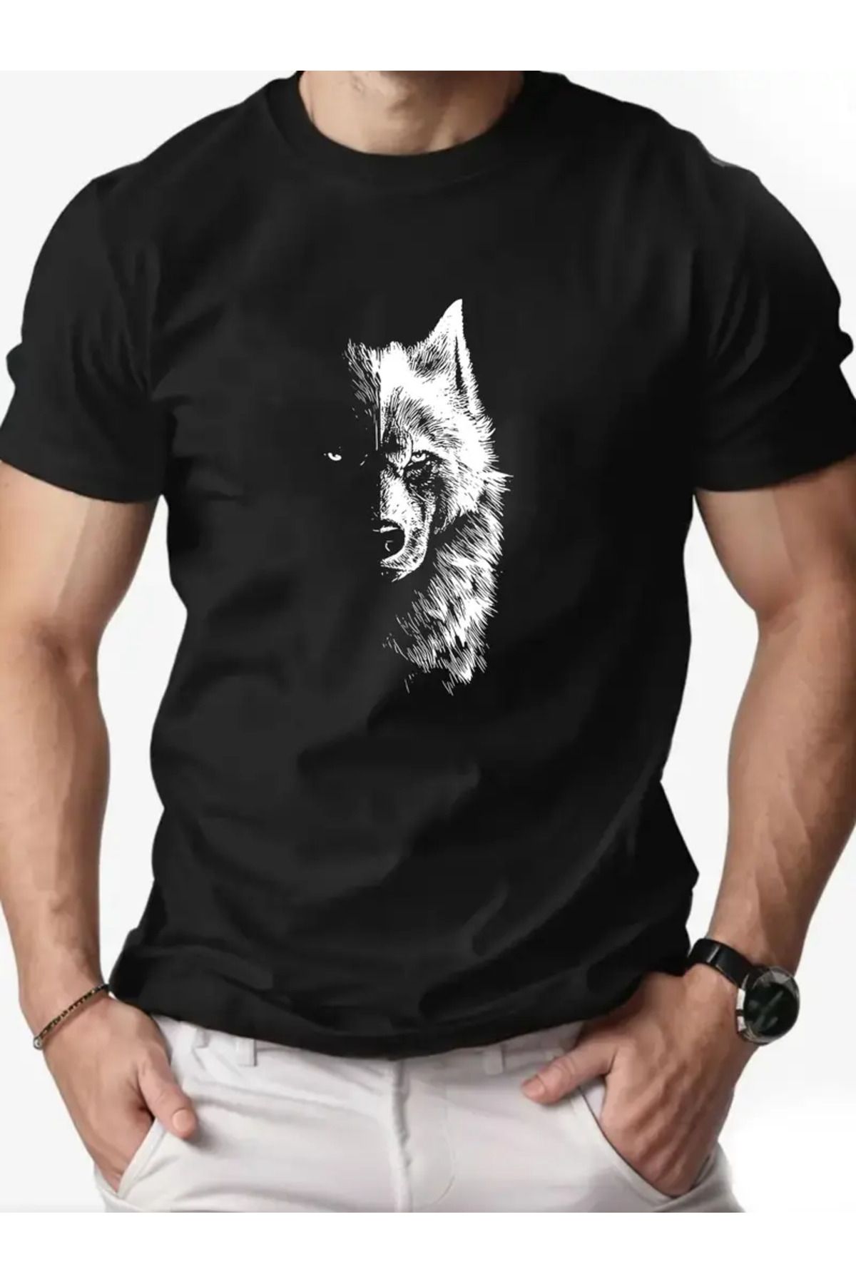 LAND MODA Erkekler için Rahat Yazlık Pamuklu T-Shirt Yarım Kurt Grafik Baskılı - Yuvarlak