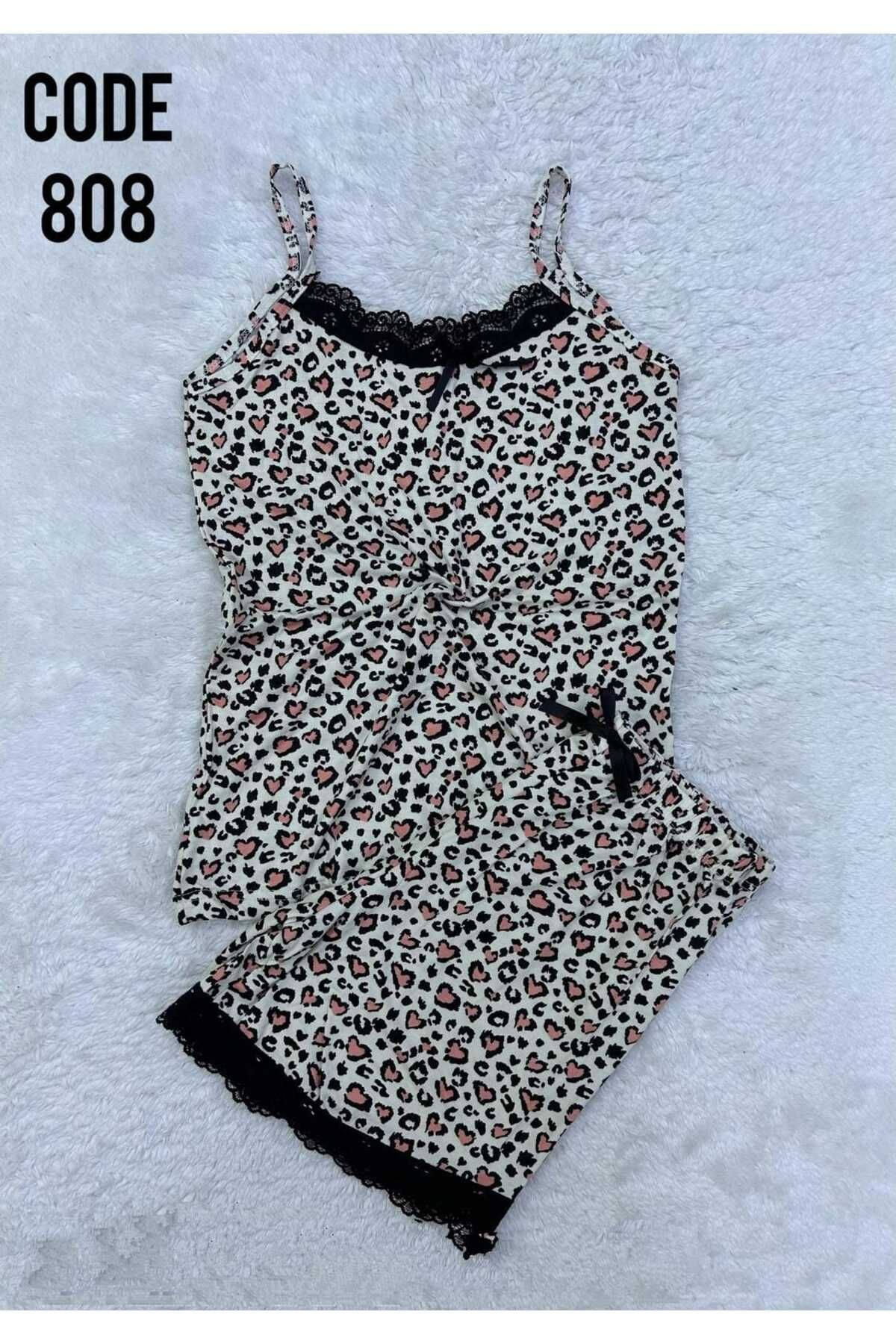 XORVİO Kadın İp Askılı Şortlu Dantel Detaylı Gecelik Desenli Yumuşacık Yazlık Modal Pijama Takım