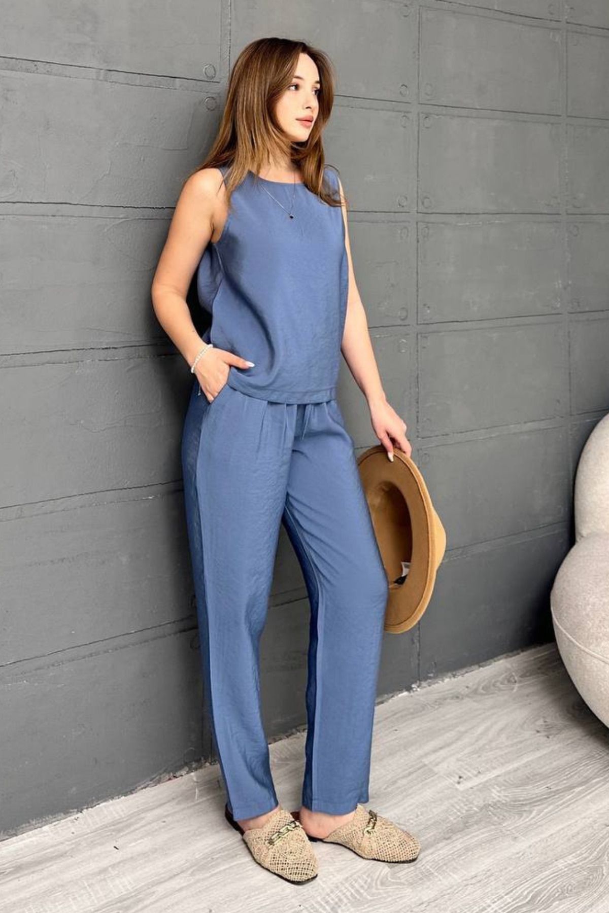 fehika Kadın Model Terletmeyen Kumaş Sıfır Kol Rahat Bluz Takım