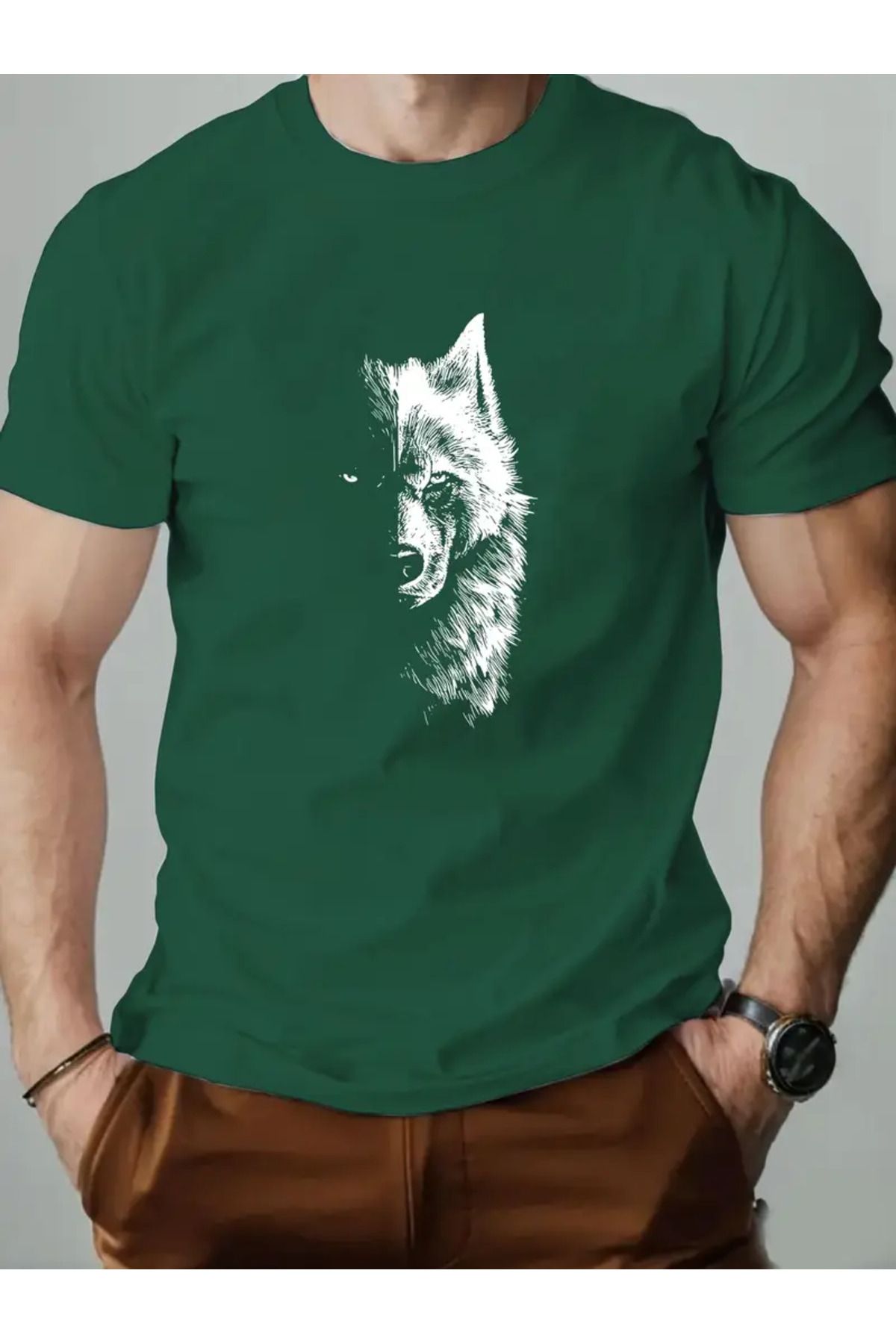 LAND MODA Erkekler için Rahat Yazlık Pamuklu T-Shirt Yarım Kurt Grafik Baskılı - Yuvarlak