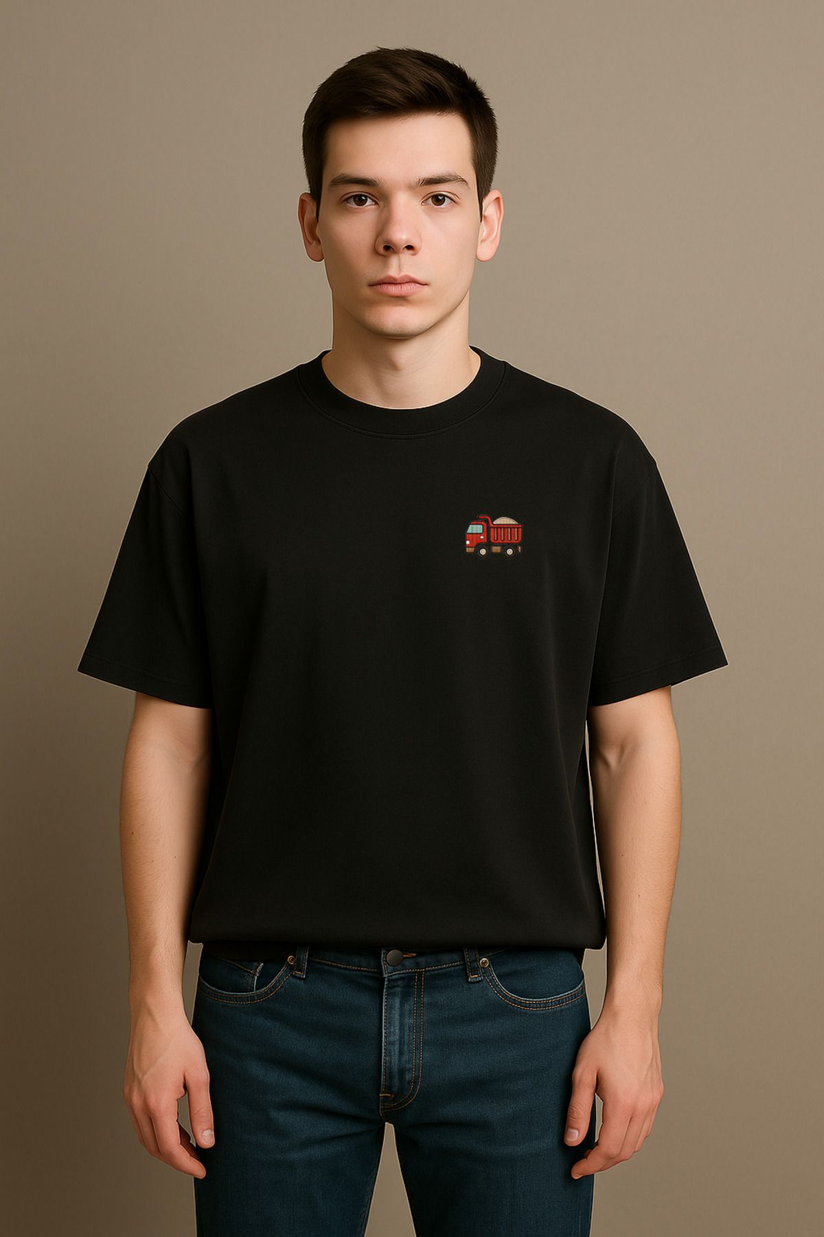 wolka Minimal Kamyon Baskılı Unisex %100 Pamuk Oversize Bisiklet Yaka Siyah T-shirt