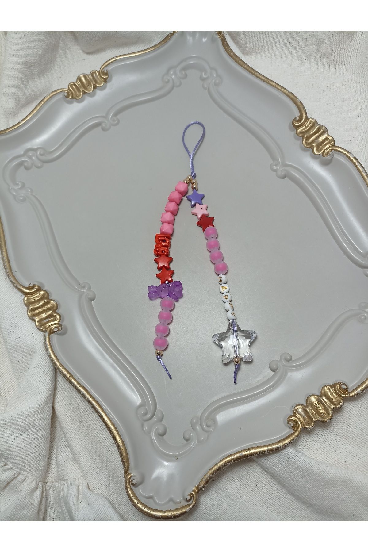 ida design store fuşya ve pembe boncuklar ile kristal yıldız detaylı çanta ve telefon charmı