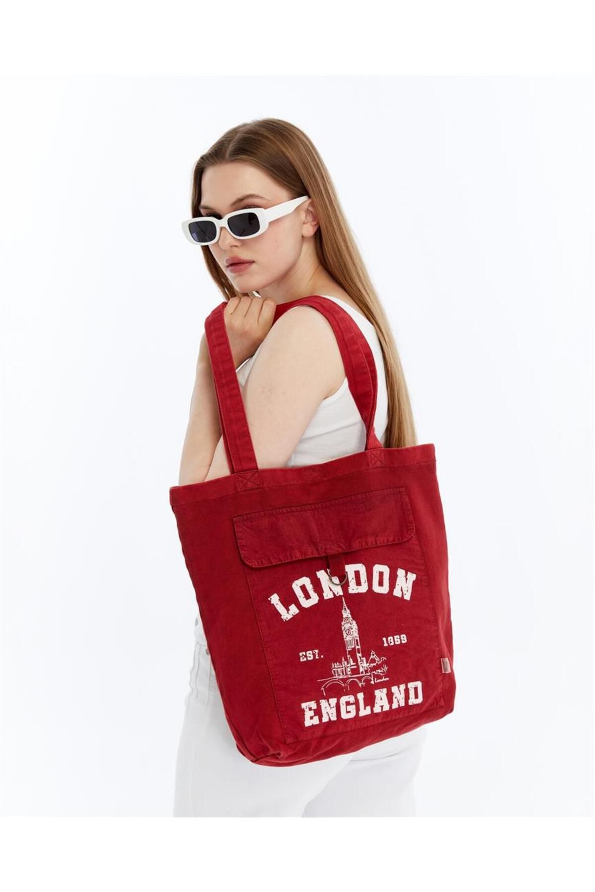 S-Ponder England London Baskılı %100 Pamuk Çıt Çıt Kapatmalı Tote Bag Bez Kol Ve Omuz Çantası
