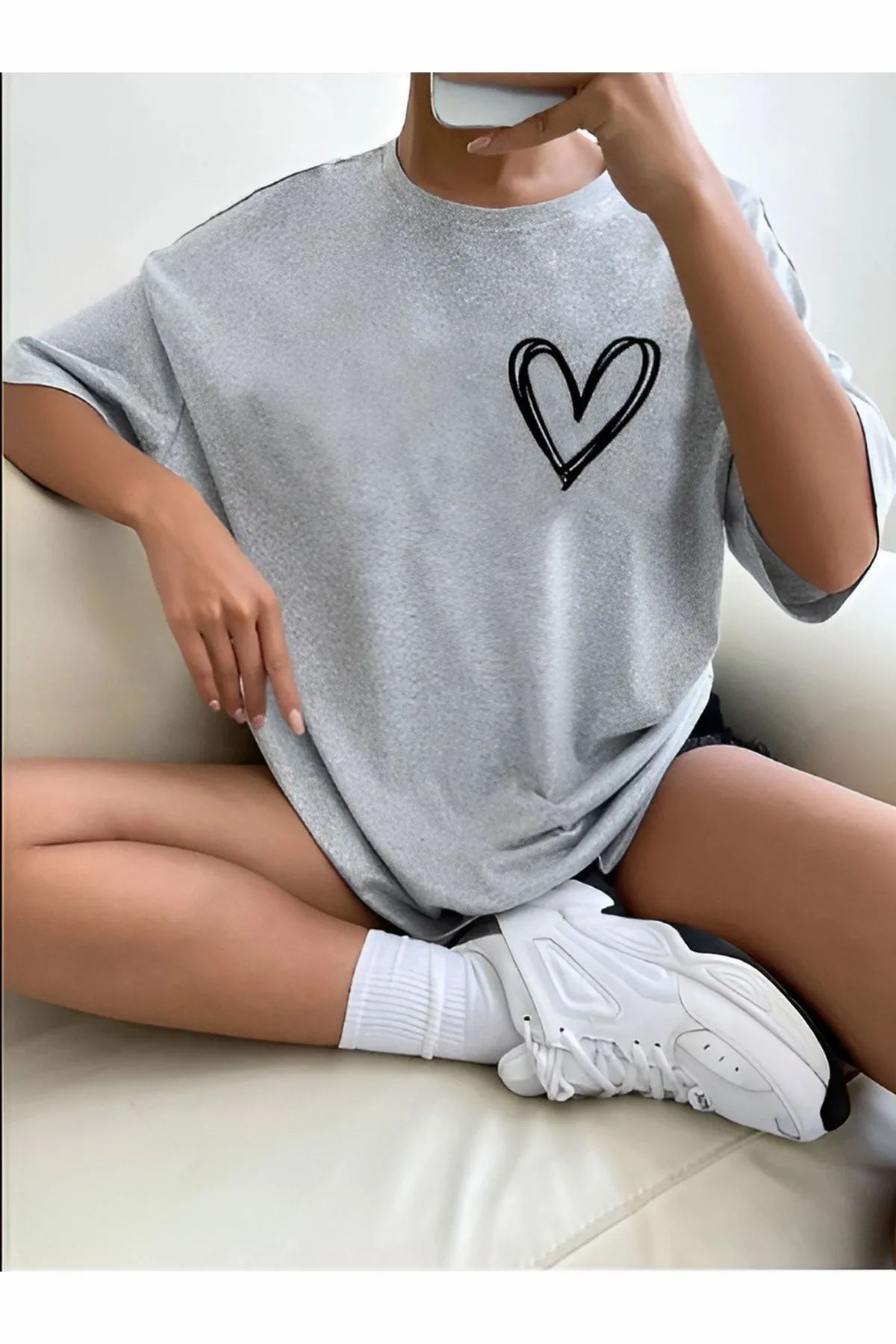 ship master Minimal Kalp Baskılı Beyaz Oversize Tshirt