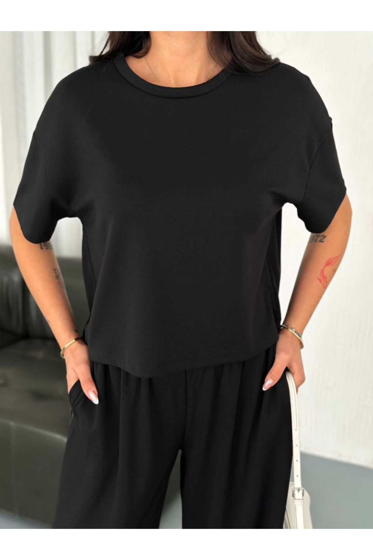 Albayrak Osy Modal Yumuşak Dokulu Kumaş Bisiklet Yaka T-shirt Bol Paça Pantalon Ikili Takım -Siyah