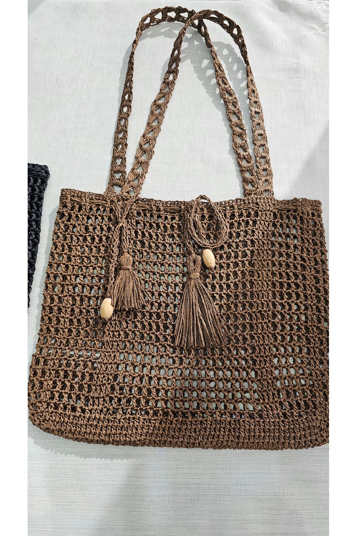 Kotans Kahverengi Kağıt İp Örgü Geniş Plaj Omuz Çantası Orta Boy 38 cm x 32 cm