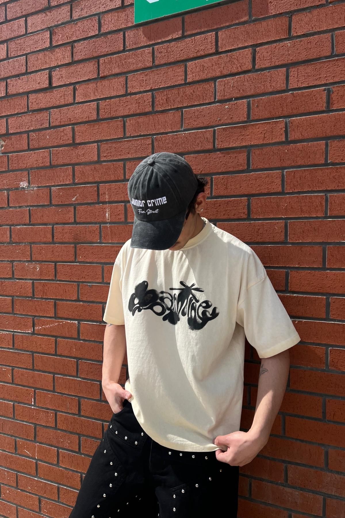 Jr.Crime Boxy Kalıp Baskılı Bej Oversize Tshirt