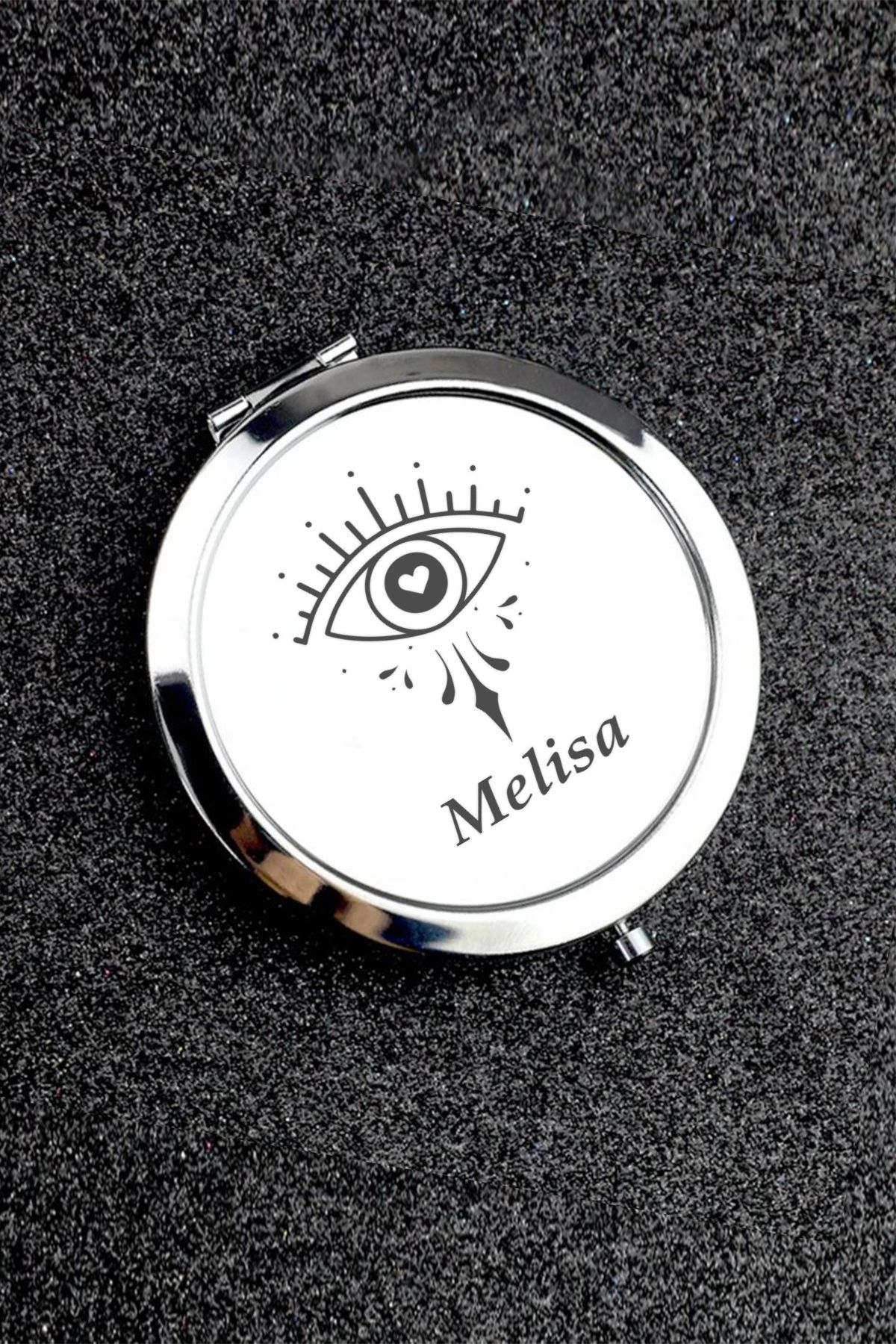 İŞTE BU Kişiye Özel İsimli Göz Baskılı Daire Metal Ayna Çanta, Cep ve Makyaj Aynası