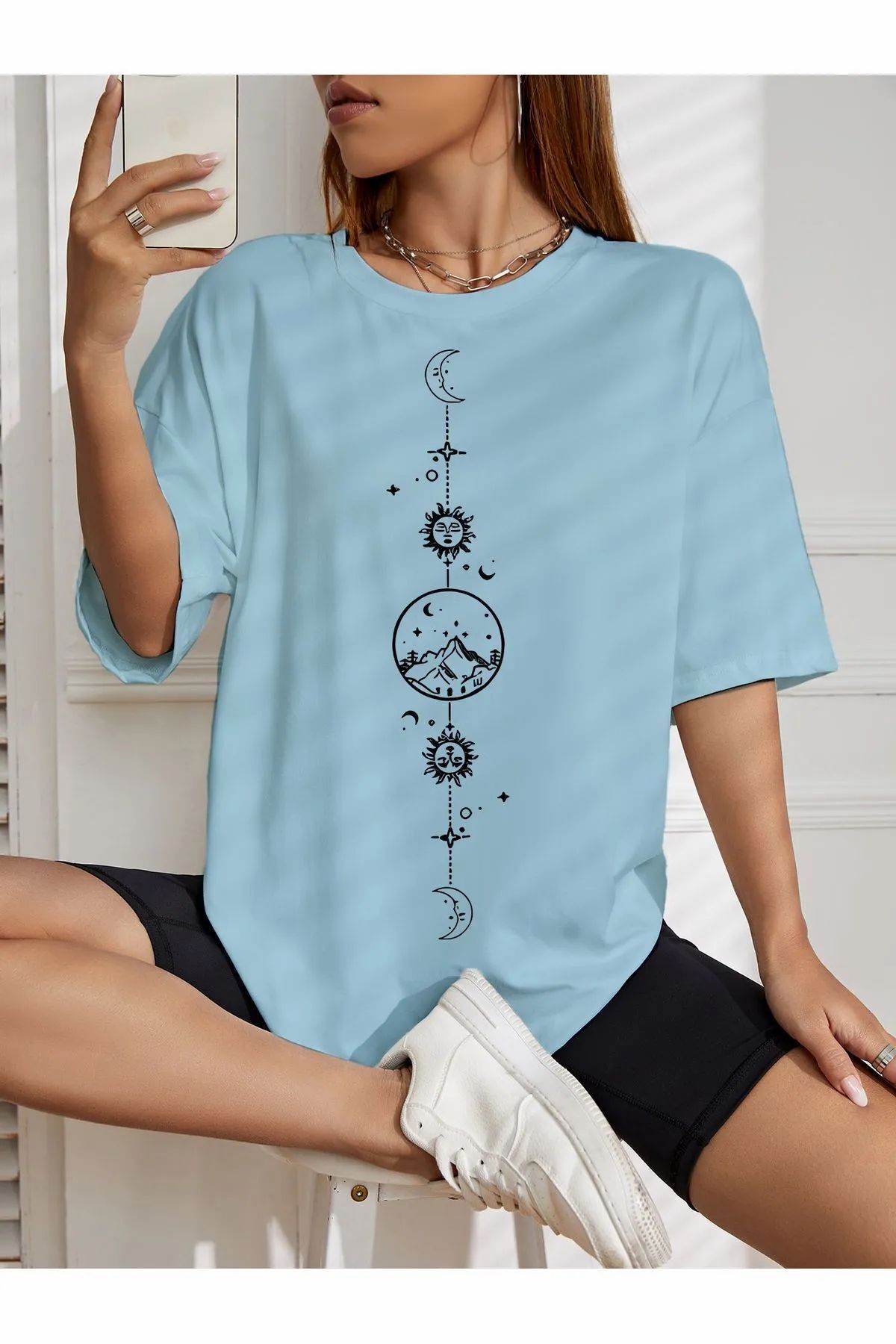 ship master oversize ay güneş baskılı T-shirt