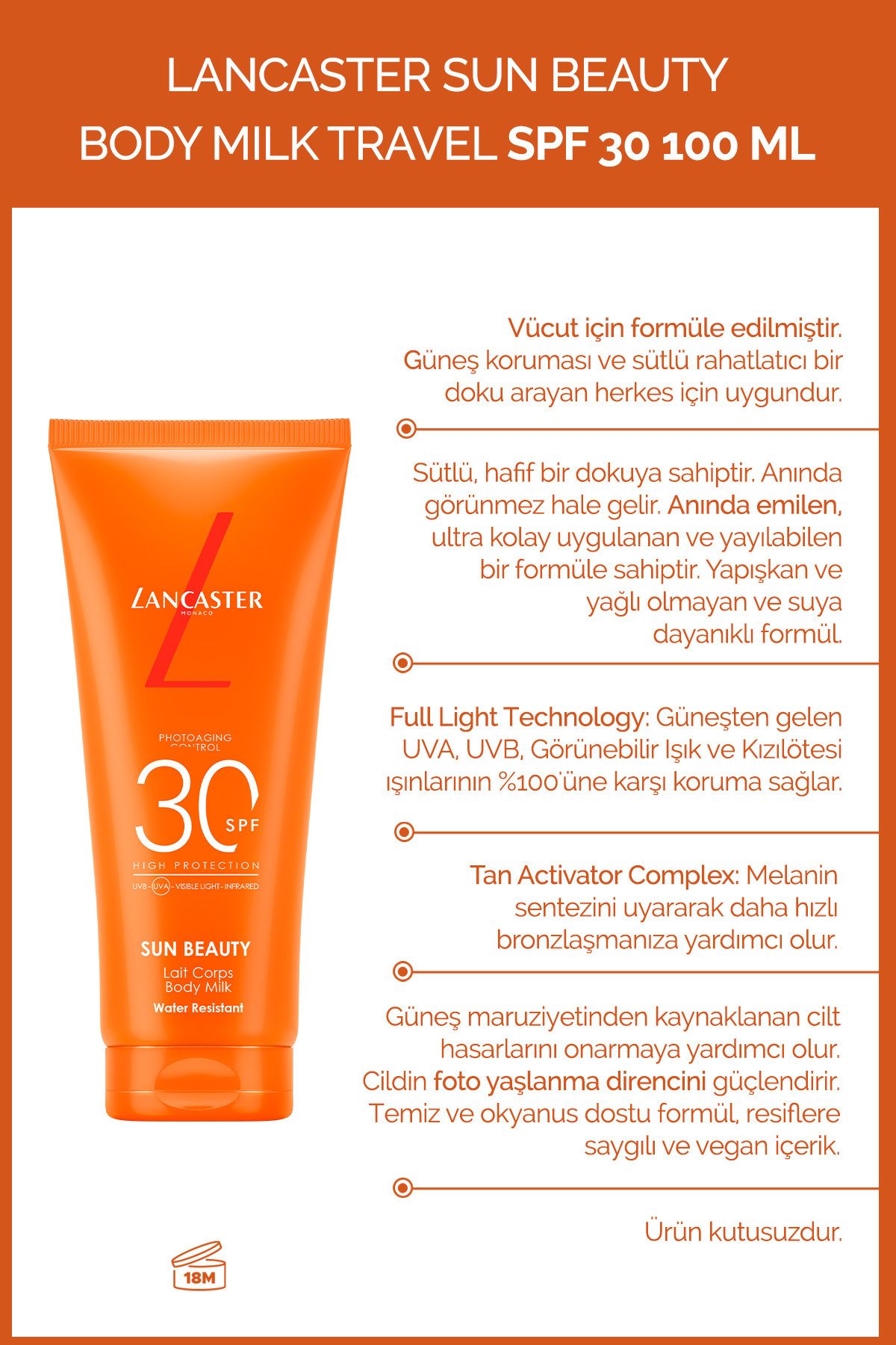 Lancaster Vegan Formüllü Sun Beauty Body Milk SPF30 Güneş Koruyucu Süt 100 ml