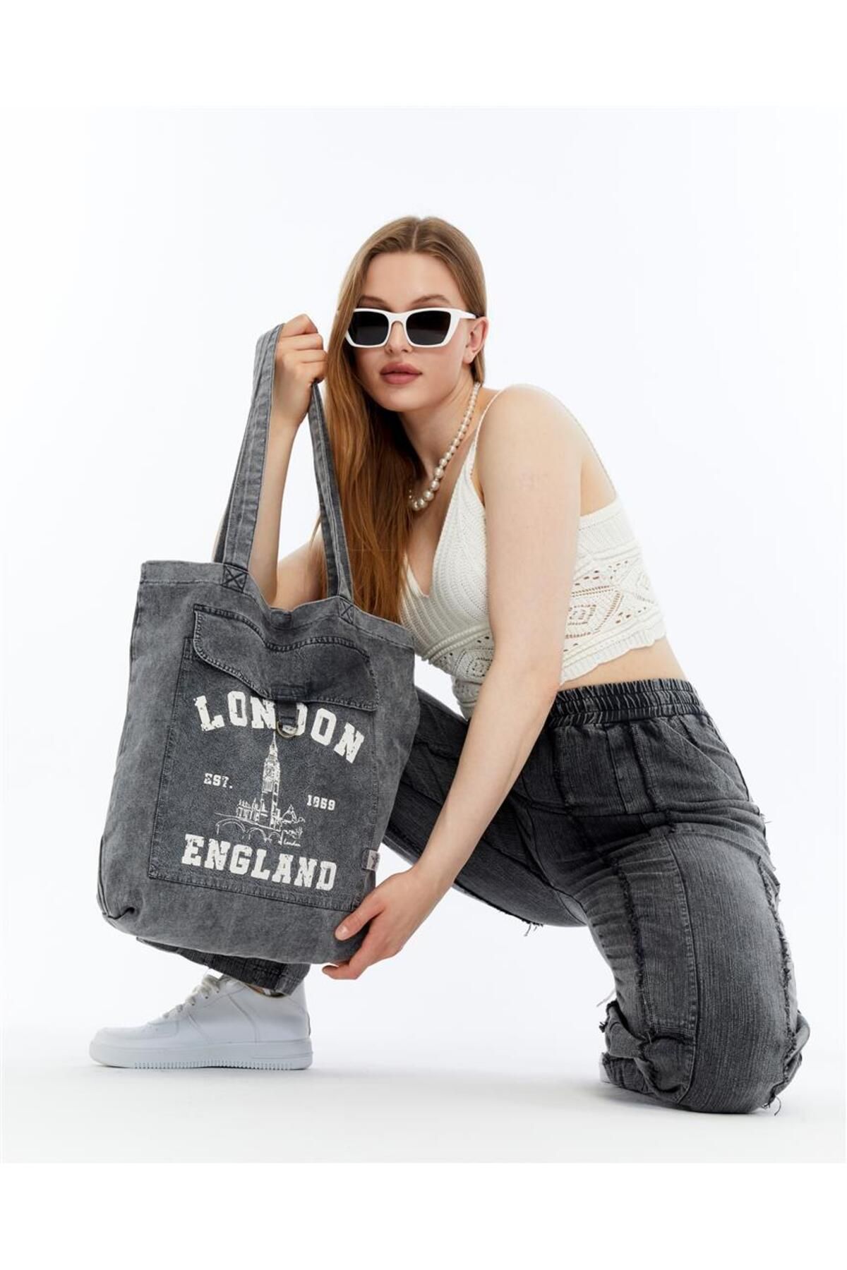 S-Ponder England London Baskılı %100 Pamuk Çıt Çıt Kapatmalı Tote Bag Bez Kol Ve Omuz Çantası