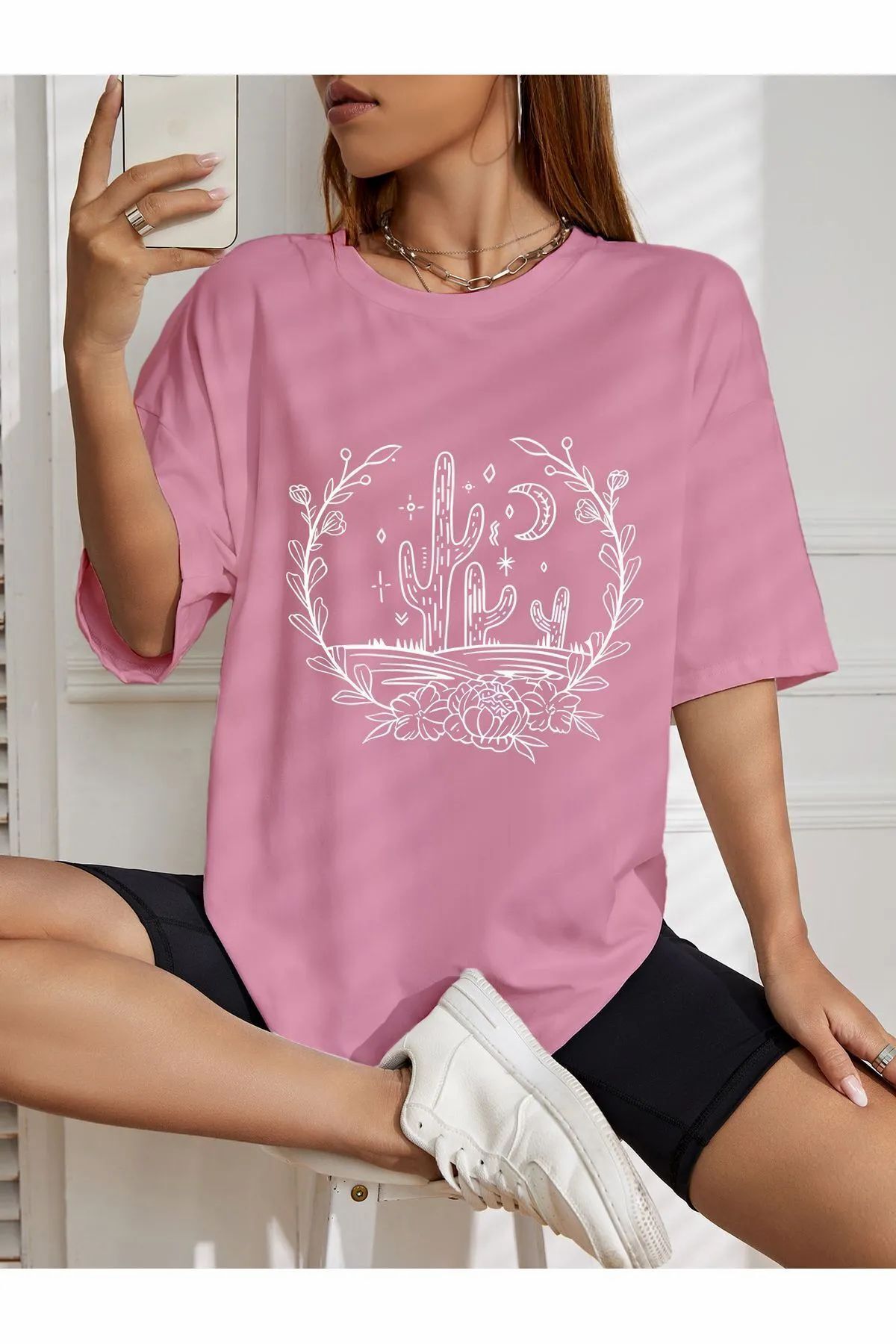 ship master oversize kaktus ile hilal baskılı T-shirt