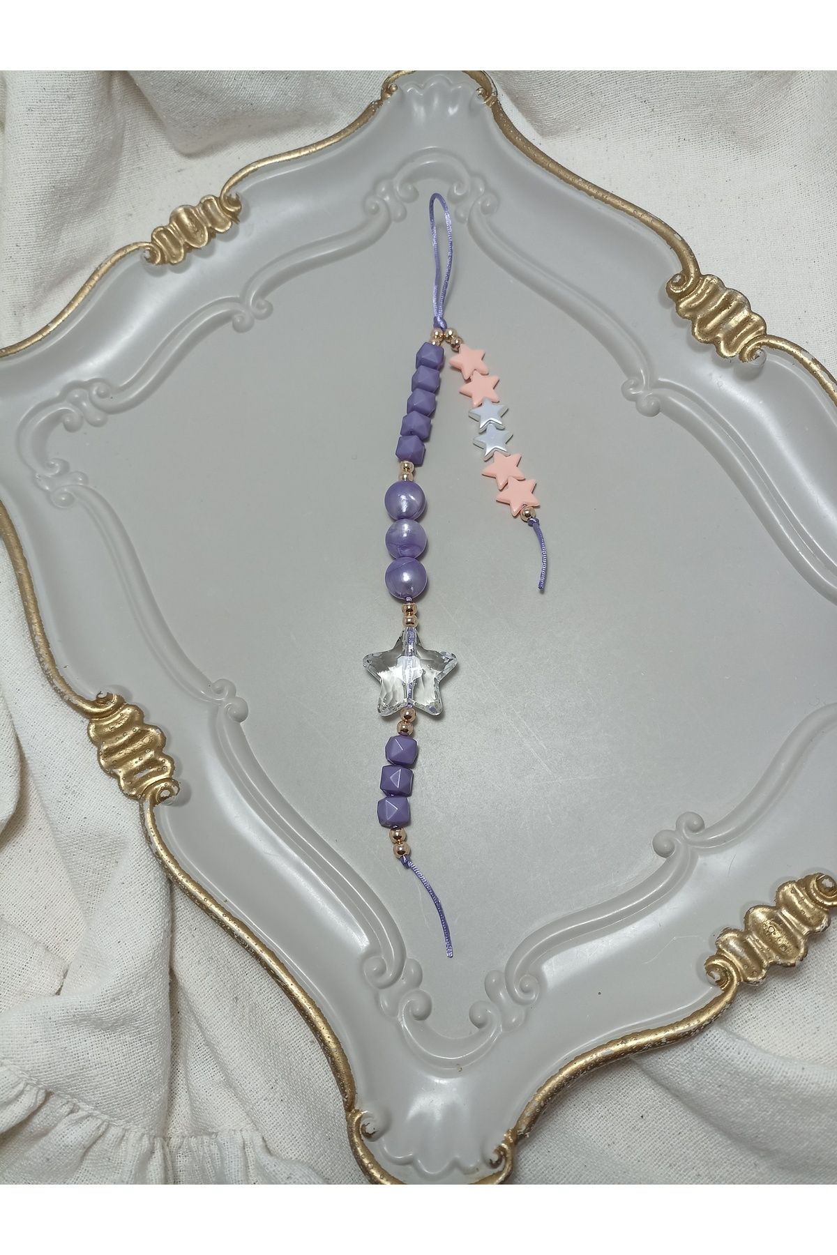 ida design store orantısız iki kollu mor boncuklu ve yıldız detaylı çanta ve telefon charmı
