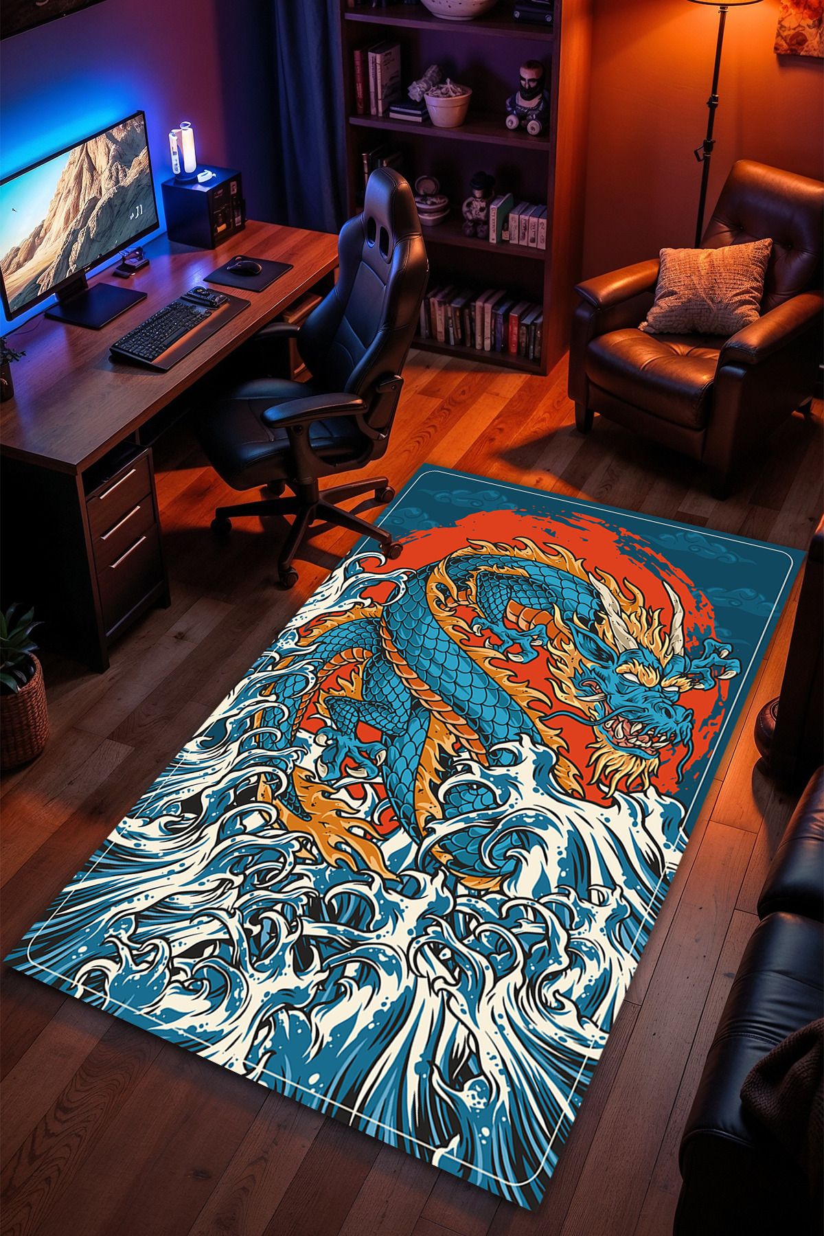 Charmbi Ejderha Desenli Kaymaz Taban Makinede Yıkanabilir Gaming Oyuncu Gamer Genç Odası Halısı