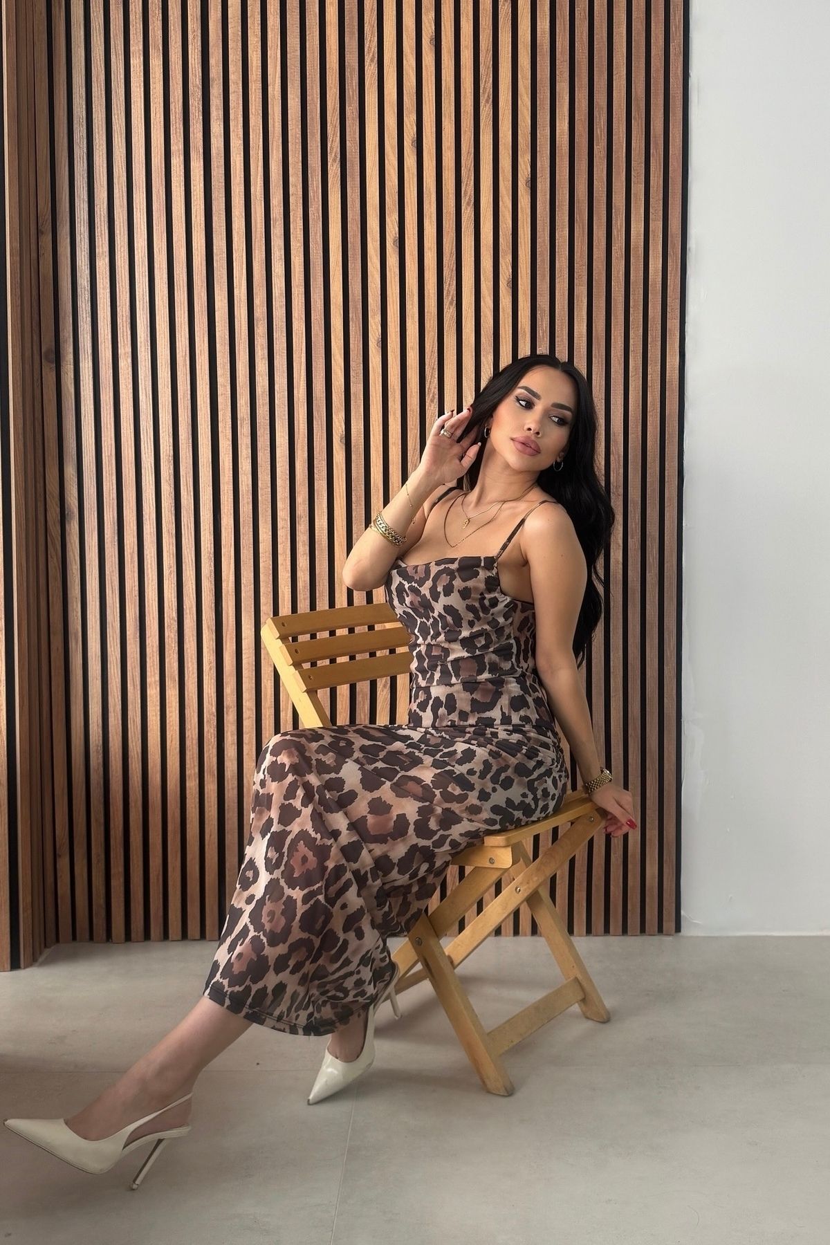 OKSOCOLLECTİON Leopar Askılı Uzun Tül Elbise