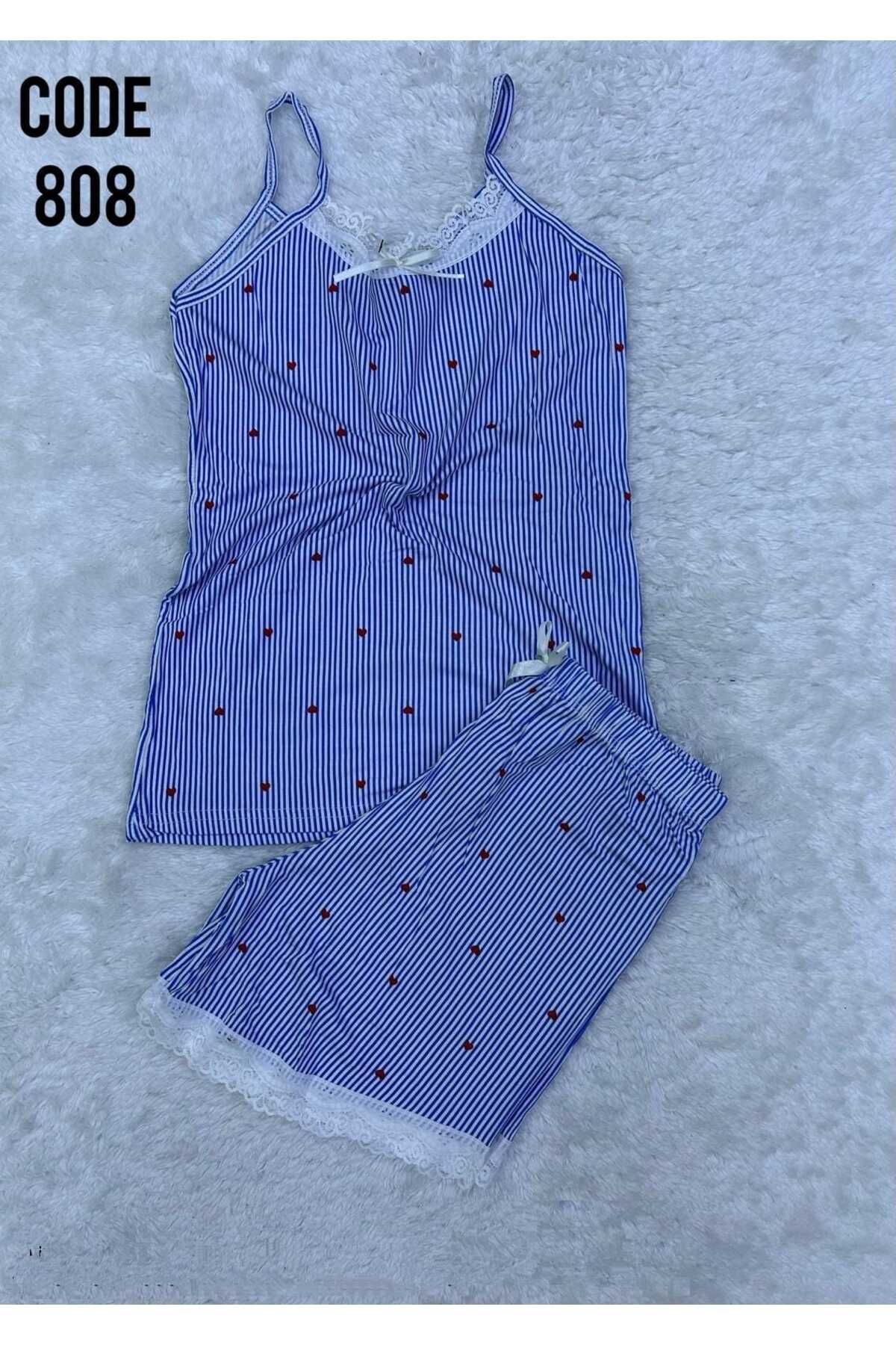 XORVİO Kadın İp Askılı Şortlu Dantel Detaylı Gecelik Desenli Yumuşacık Yazlık Pamuklu Pijama Takım